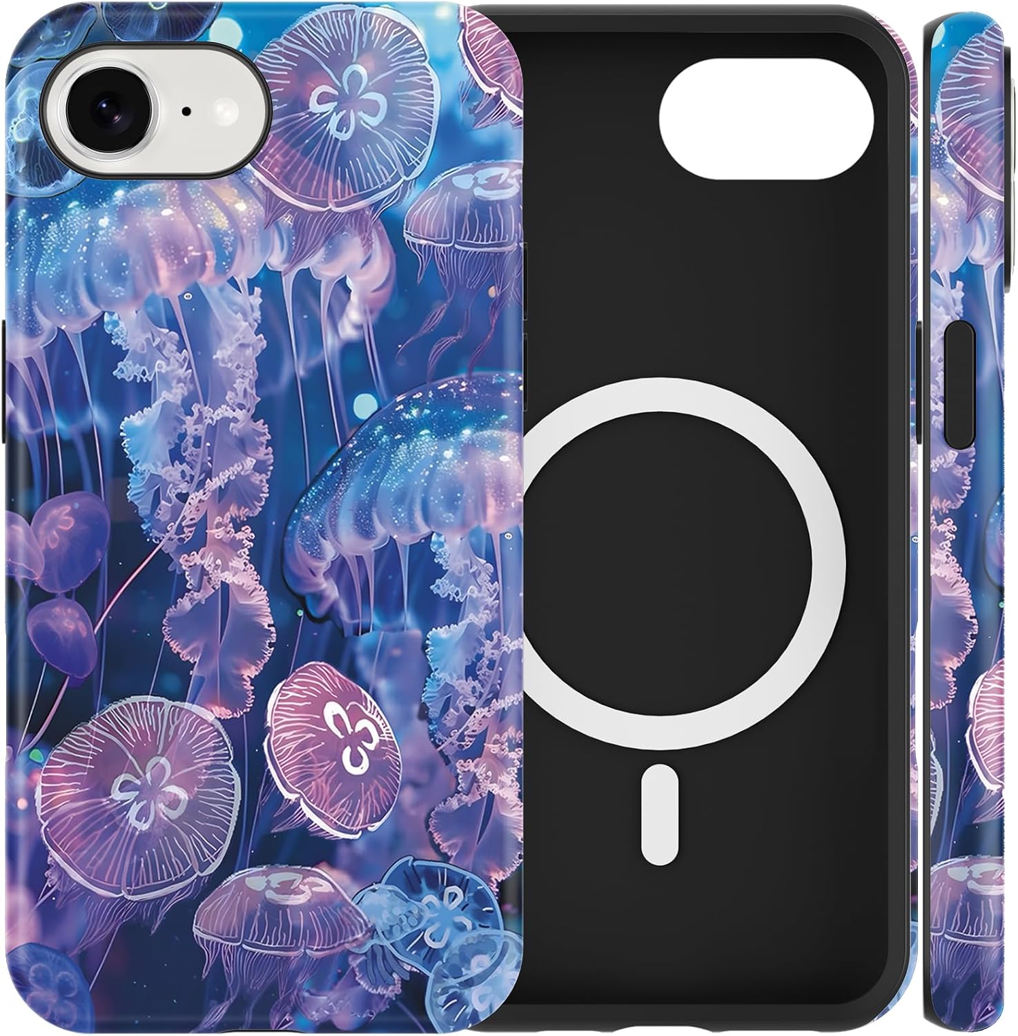 Cute Pink Purple Summer Jellyfish Phone Case for iPhone 16e Magnetic Case 6.1" Compatible with Magsafe, Aesthetic Beach Ocean Animal Pattern 2-in-1 Cover Shockproof Slim for Women Girls
