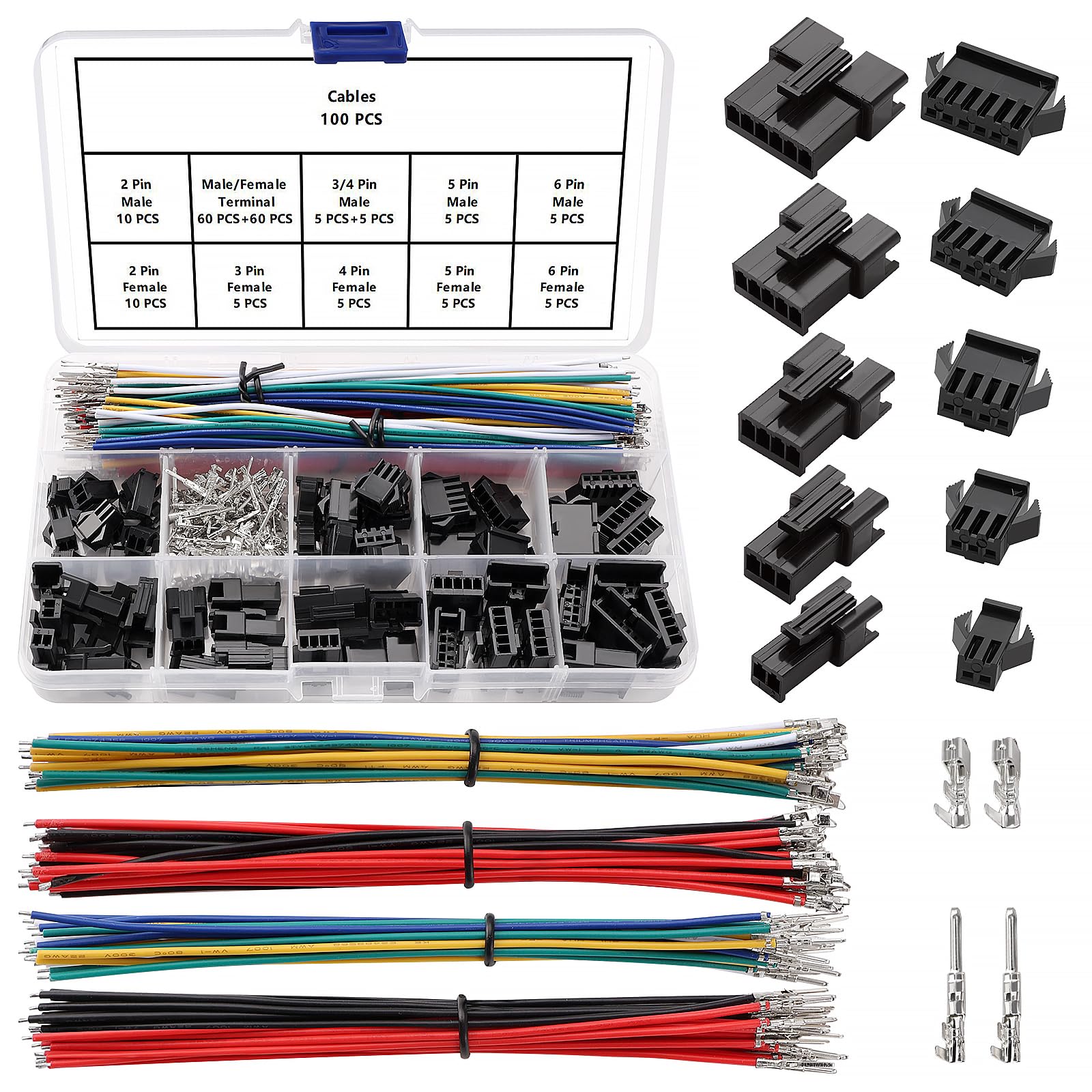 YIXISI 280 Sztuk 2.5mm Rastrze 2/3/4/5/6-Pinowych Zestaw Złączy JST-SM, Zestaw Złączy JST SM Żeńskich i Męskich, z Pojedyncza Głowica Przewodem Kablowym Wstępnie Zaciśniętym 22 AWG