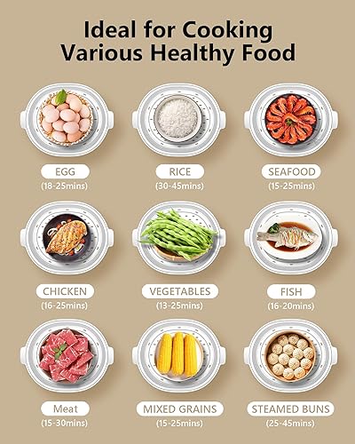 Miniatura 5 de Vaporizador eléctrico de alimentos de 13.7 cuartos de galón para cocinar, vaporizador de verduras de 3 niveles, cocción simultánea rápida de 800 W,