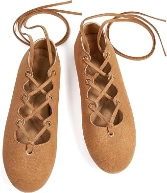 Womens Ballet Flats Comfortable Soft Suede Round Toe Casual Retro Lace-Up Flat Shoes