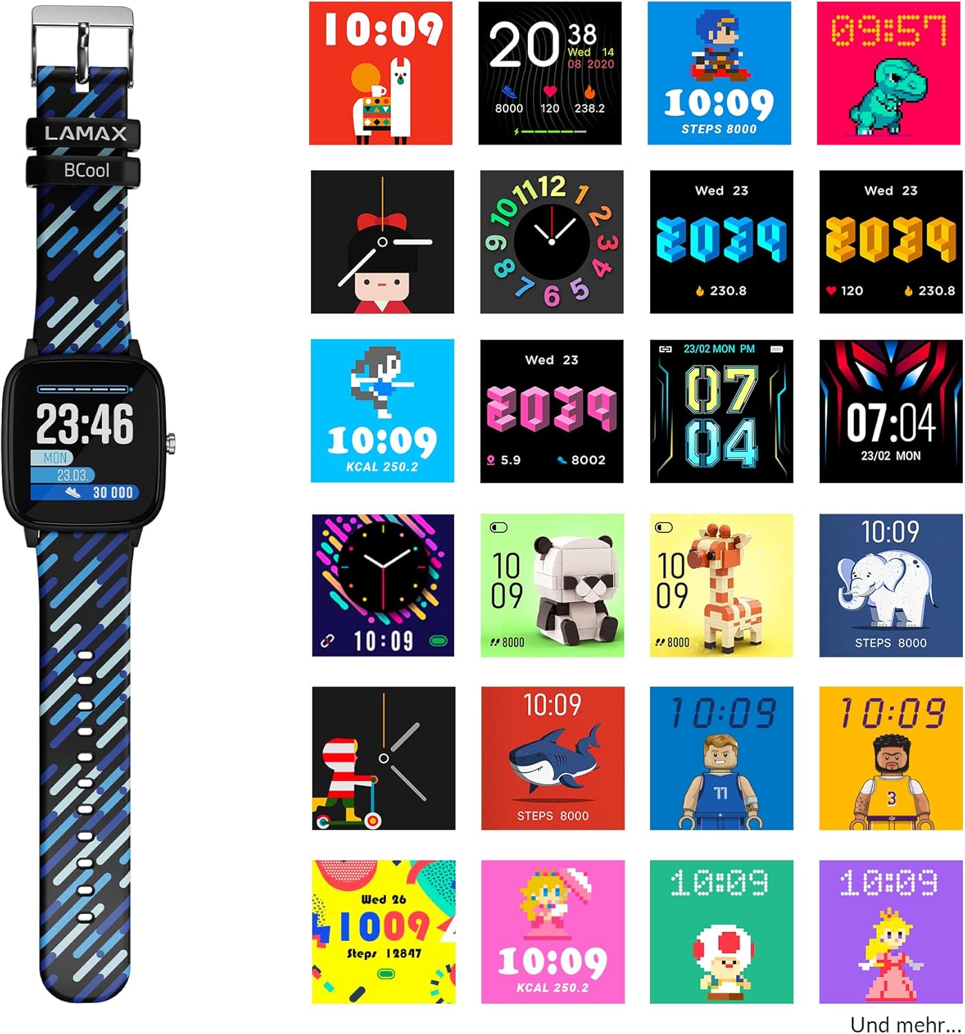 LAMAX BCool Smart Watch with a variety of watch faces displayed around it