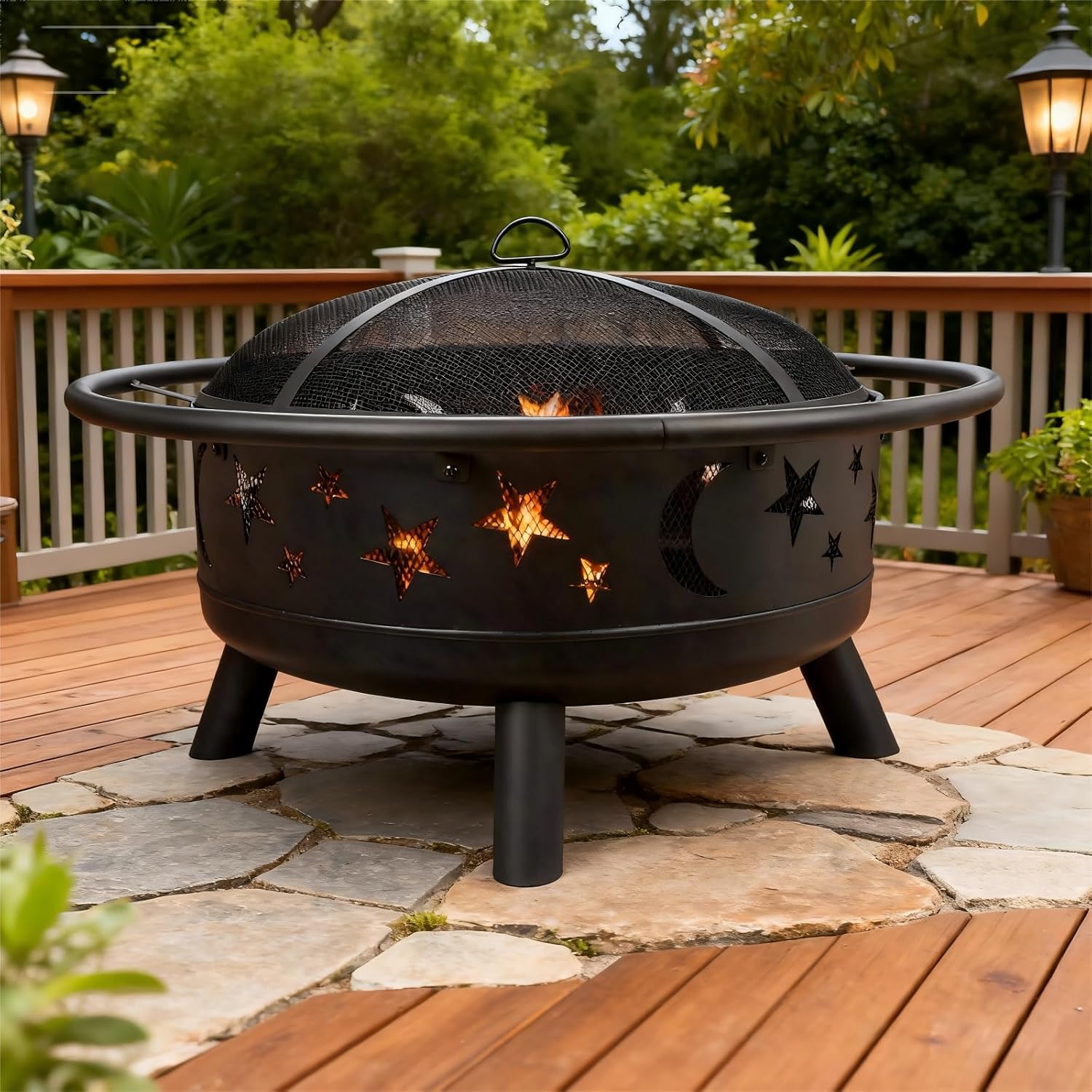 32" Round Wood Burning Fire Pit with Mesh Cover, Fire Poker, Star & Moon Cutouts, Metal Outdoor Firepit for Patio, Backyard, Garden, Bonfire, Camping, Christmas, Thanksgiving, Halloween