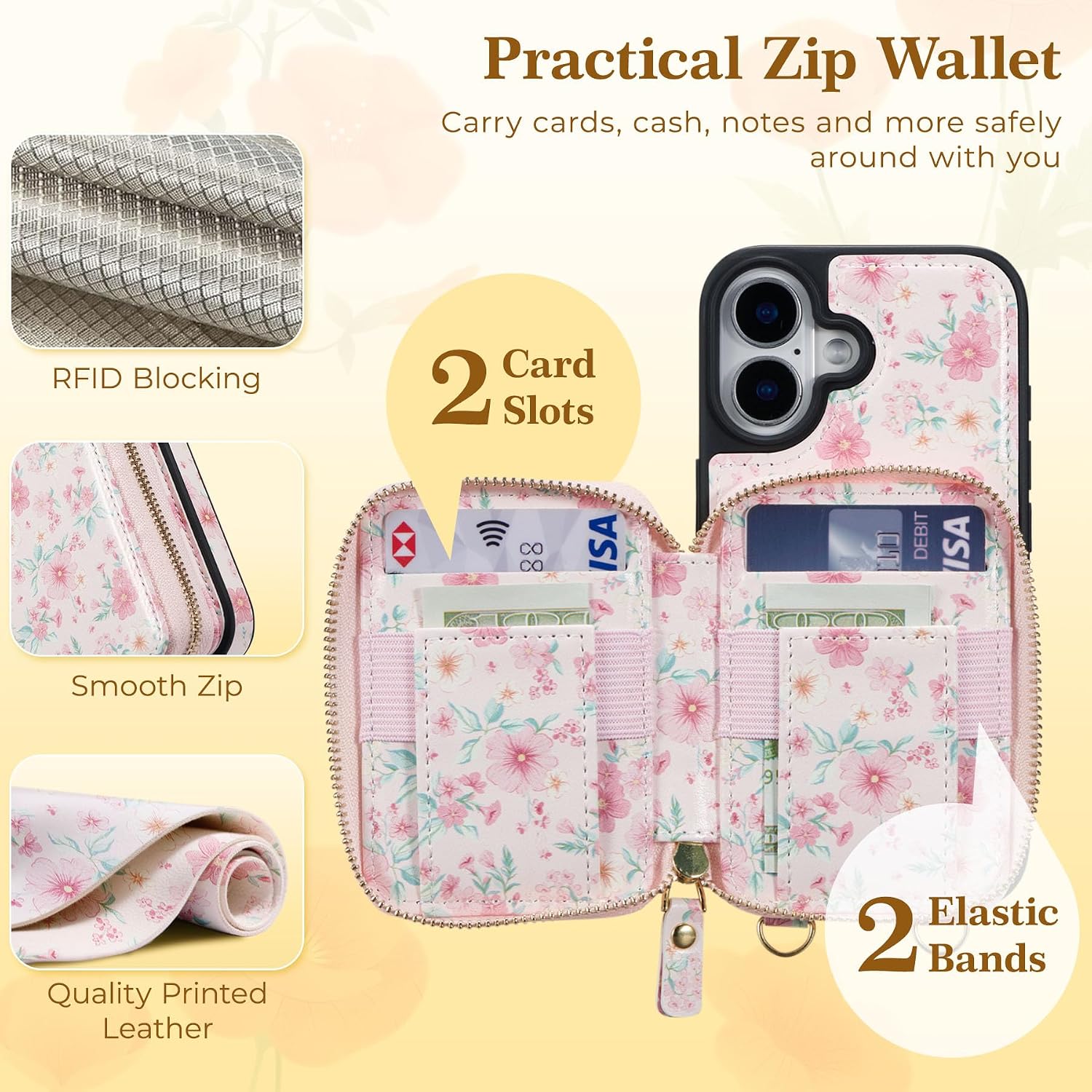 ZCDAYE Crossbody Wallet Case for iPhone 16, RFID Blocking PU Leather Zipper Phone Case with Card Slots, Cute Floral Women Protective Cases for iPhone 16 (6.1 inch),Pink Flower