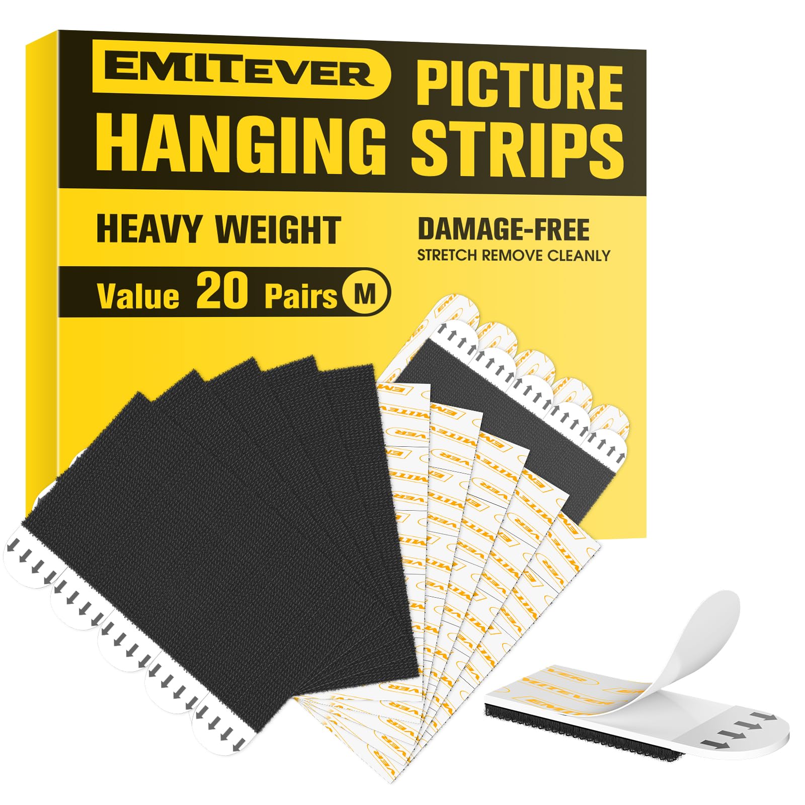 Damage Free Wall Hangers EMITEVER Picture Hanging Strips Heavy Duty – 20-Pair Damage-Free Wall Hangers, No Nails Needed, Holds 6 Lbs Per 4 Strips (White, 40 Strips Total
