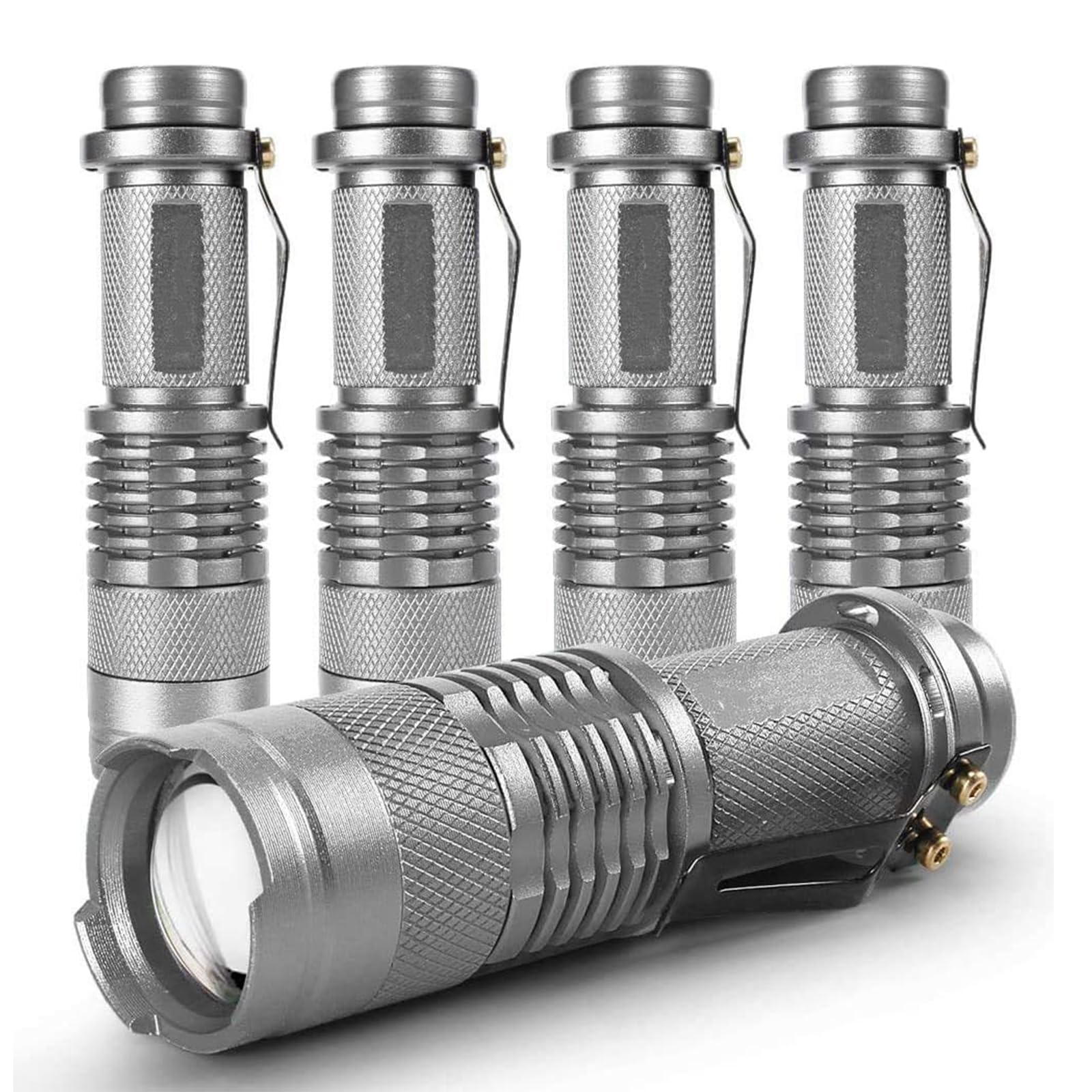 5 Pack LED Mini Flashlights 7W 300LM SK-68 3 Light Modes Adjustable Focus Zoomable Q5 LED Tactical Flashlight for Camping Hiking Emergency (Sliver)