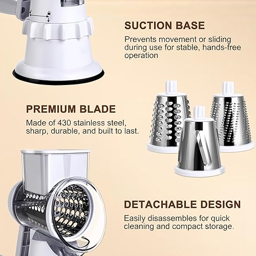 Miniatura 3 de Rallador giratorio de queso, manivela de mano, rebanadora de verduras con 3 cuchillas, succión estable, mango que ahorra trabajo, trituradora de