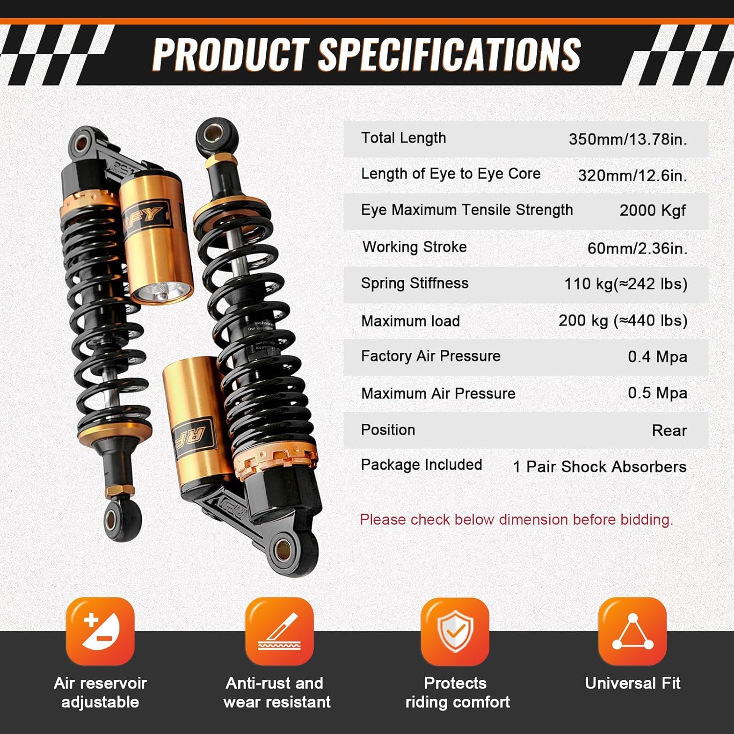 Universale Ammortizzatori Posteriori 7mm Molla Sospensione per VF700 CB125T CM125 CB350 CB500 VN250 GT250 GT125 Veicolo off-road ATV Motocicletta 320MM Nero Oro