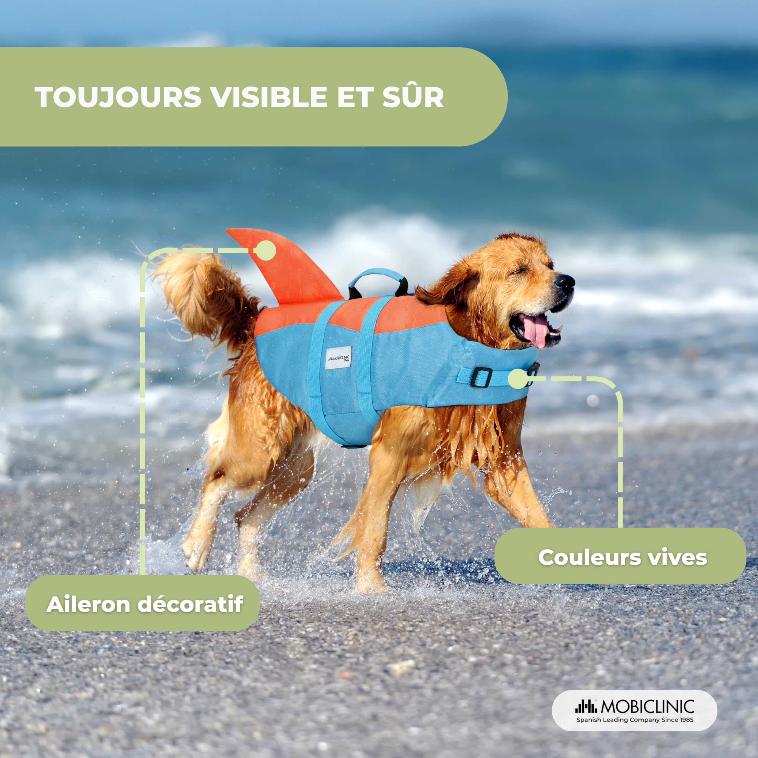 Mobiclinic®, Gilet de Sauvetage Chien, Design Aileron de Requin, Poignée de Sauvetage, Harnais Réglable, Anneau de Laisse, Flottabilité et Visibilité Élevées, Sharky, Léger, Natation, Surf, Voile (XL)