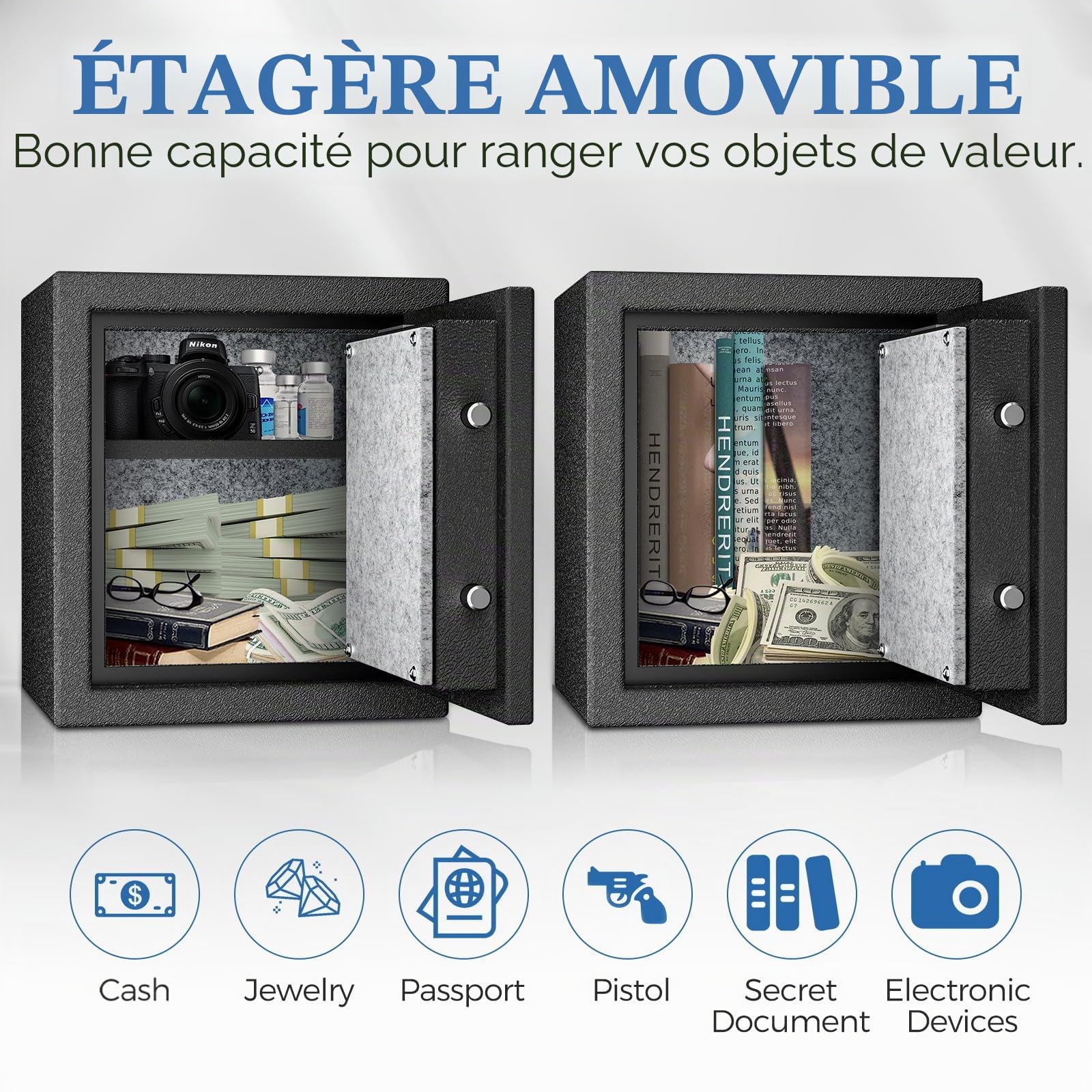 45L Biométrique Coffre Fort Ignifuge,Safe à Empreintes Digitales-40*36*31cm | avec Clavier Numérique et Chargement de Type-C, Coffre Fort Etanche pour l'Argent, la Maison, l'Hôtel, le Bureau