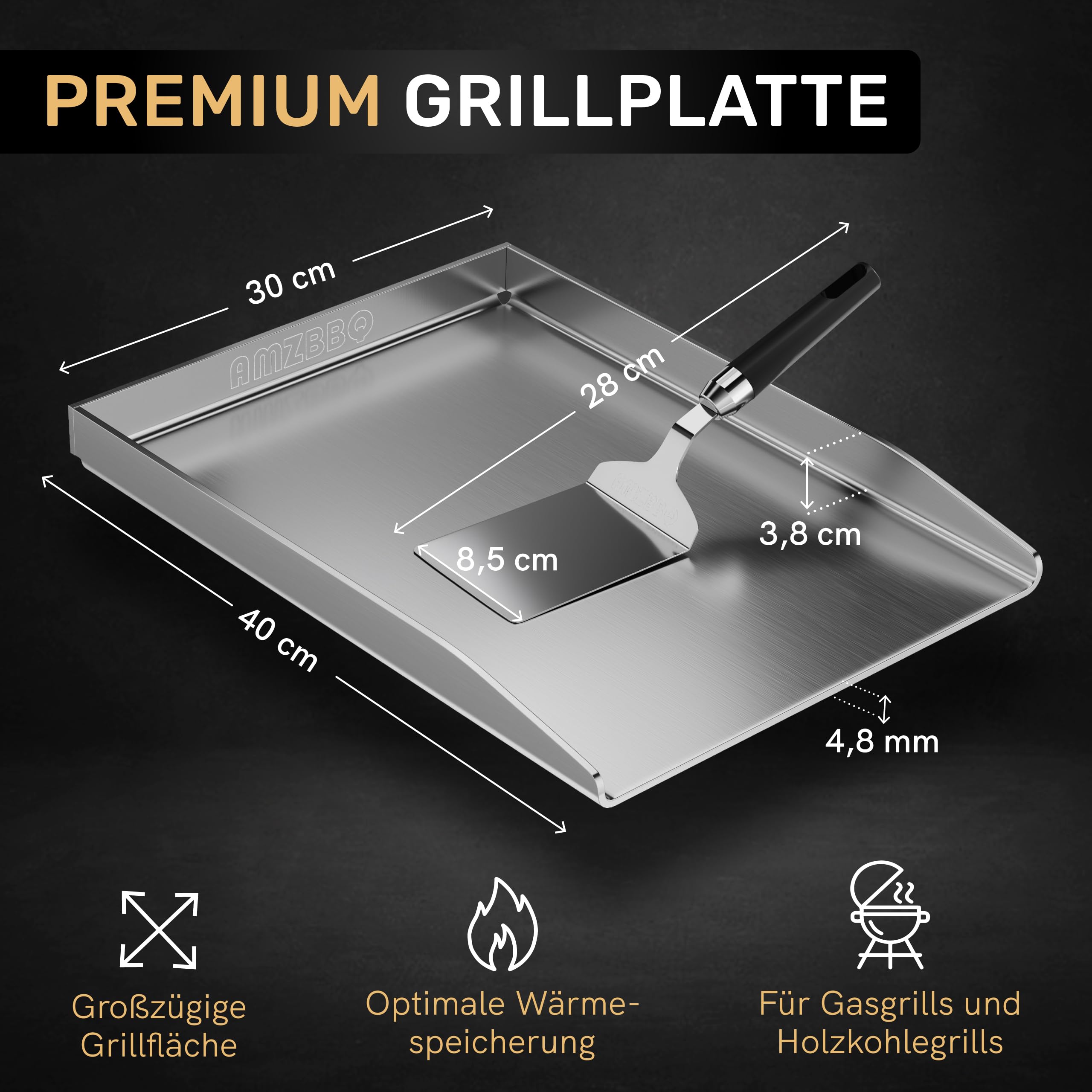 AMZBBQ® Premium Plancha Set - 40 x 30 cm - ca. 5 mm massiver Edelstahl - 20% stärker als herkömmliche Planchas - Grillplatte für Gas & Kohlegrill - Grillzubehör Geschenk für Männer inkl. Grillspachtel