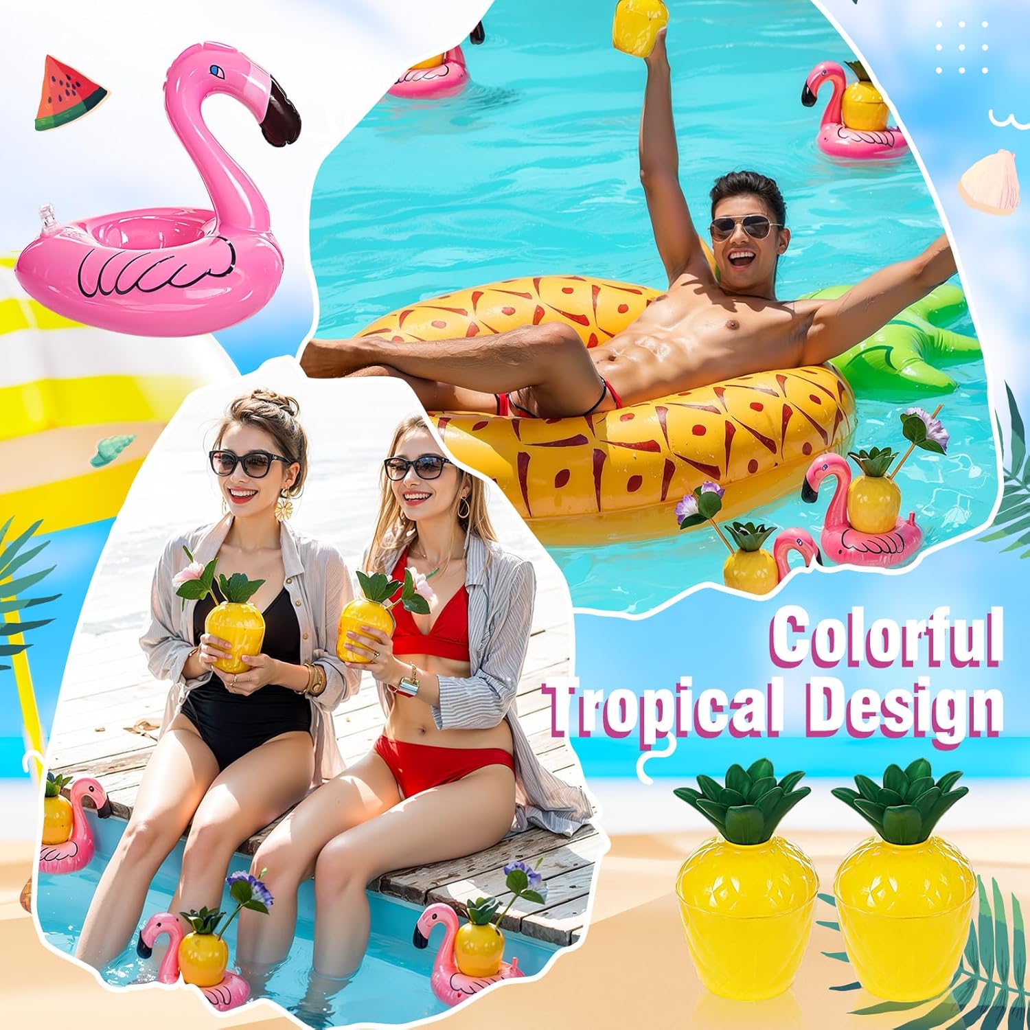 Hushee 36 Sets Pineapple Cups with Flower Straws and Inflatable Floating Flamingo Drink Holders Plastic Pineapple Cup Flamingo Coaster for Hawaiian Luau Summer Birthday Party Favor Supplies