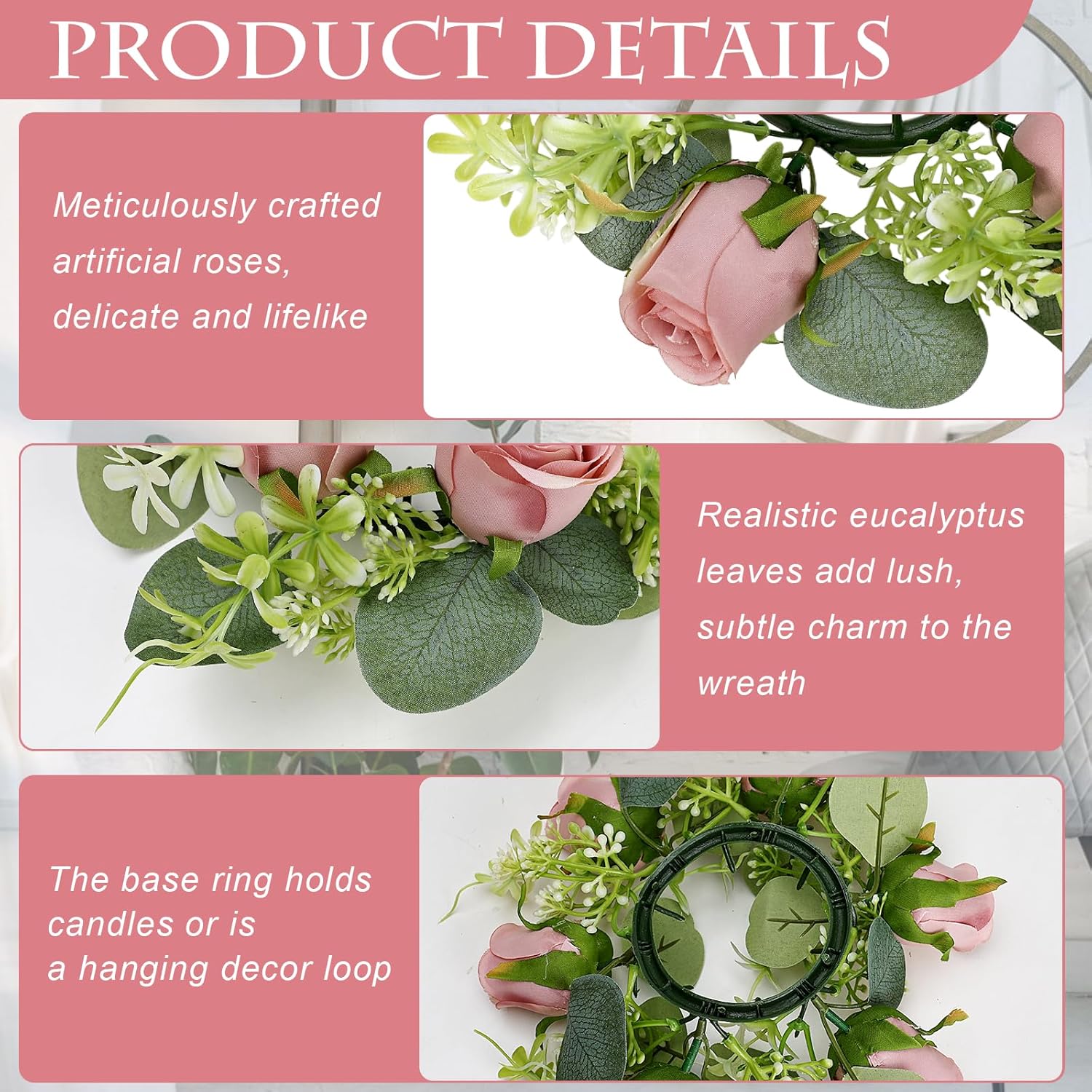 12 PCS Roses Candle Rings Wreaths - 3 Inch Artificial Floral Rings with LED Flameless Candles Eucalyptus Leaves for Spring Banquet Table Centerpieces Home Wedding Party, Dusty Pink