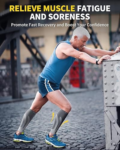 Vista 23 de CAMBIVO 3 pares de mangas de compresión de pantorrilla para hombres y mujeres, calcetines de compresión sin pies para espinillas, alivio del dolor