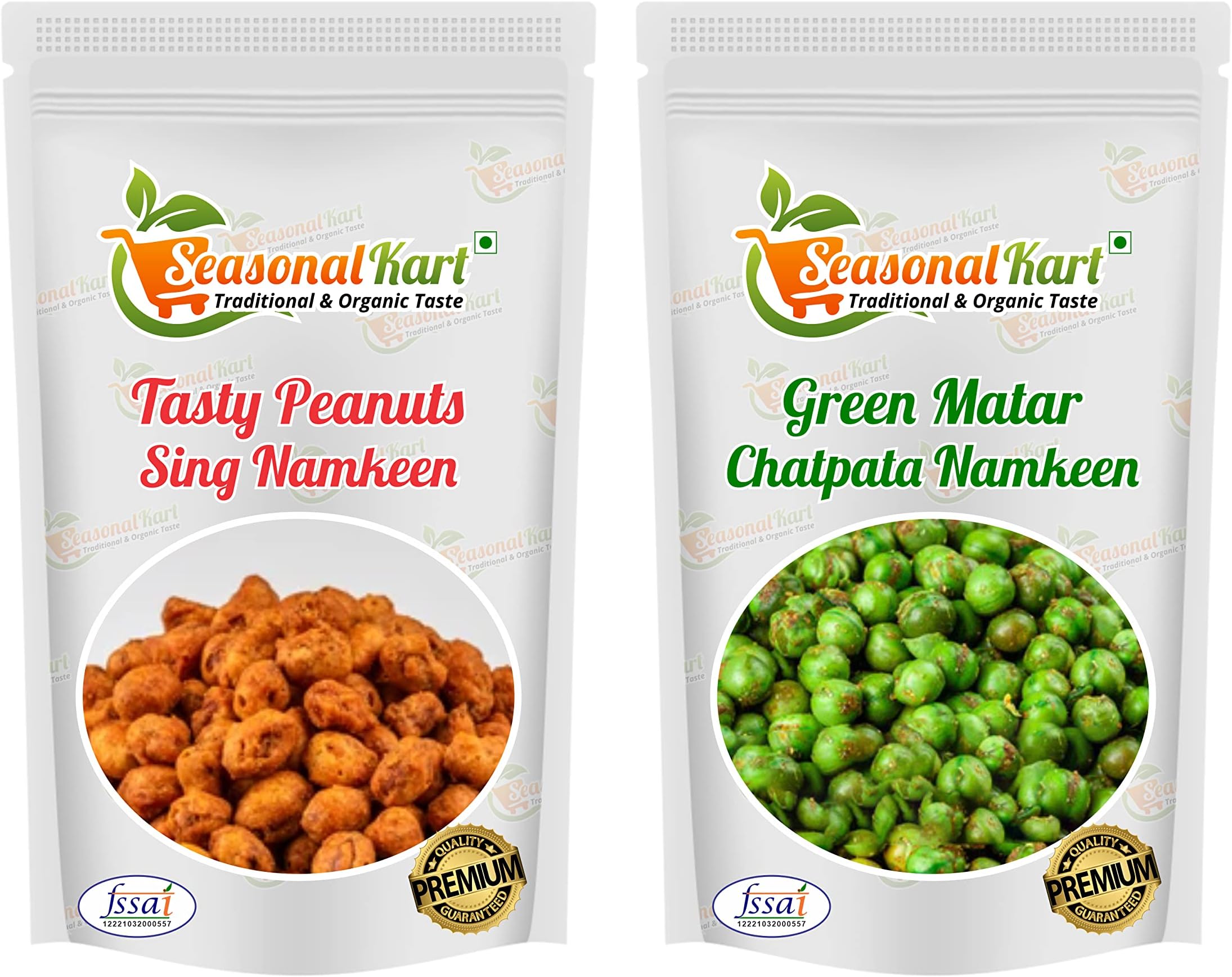 Seasonal Kart Combo of Masala Green Matar & Tasty Peanuts with Masala Coated & (100% Crispy Peanuts Moongfali Daane | Each 200 Grams| Total Weight 400 Grams| Roasted Peas & Roasted Green Peas Masala|