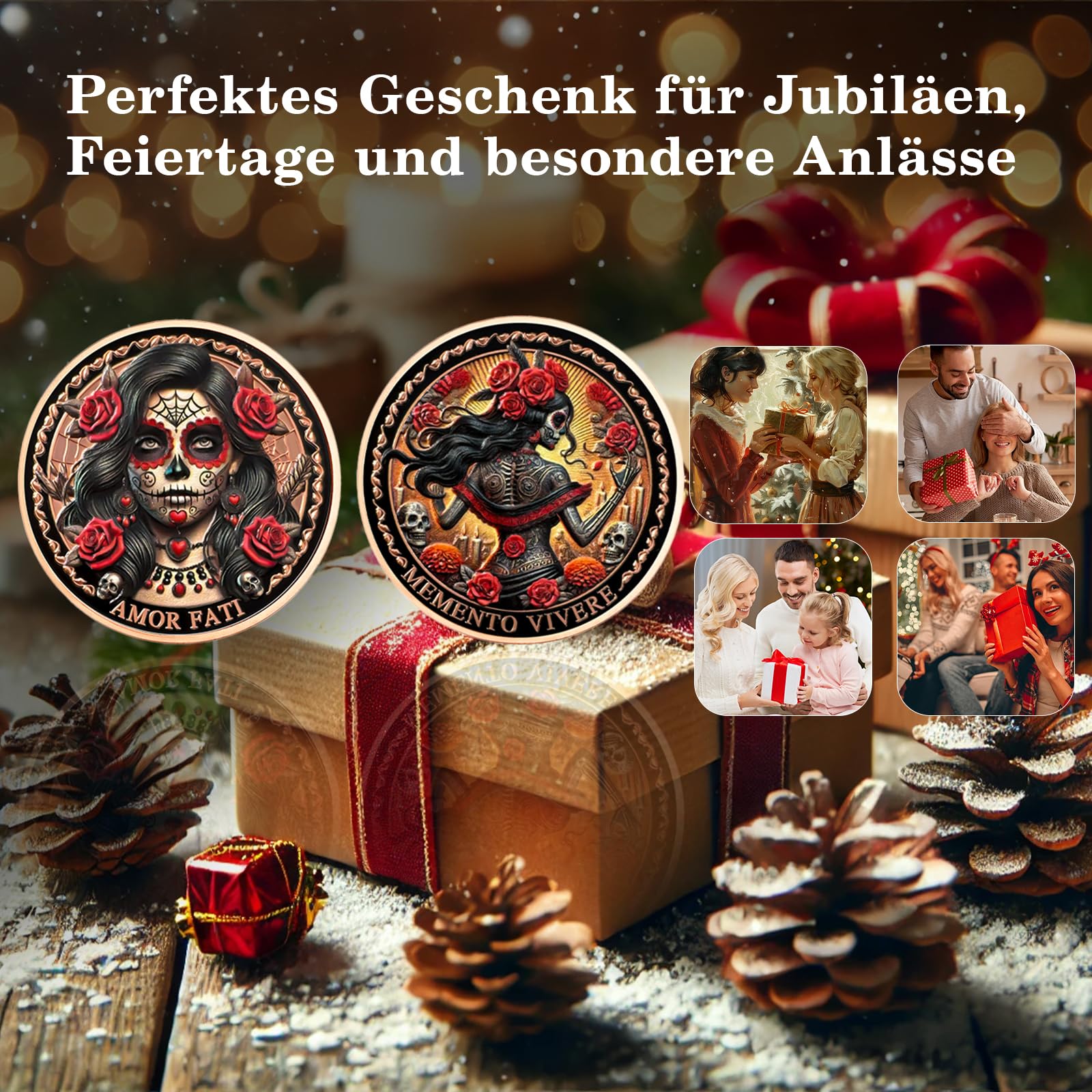 AtSKnSK Memento Mori Moneda – Rosas Calavera Moneda para mujer, recuerdo y regalo para hombre y mujer