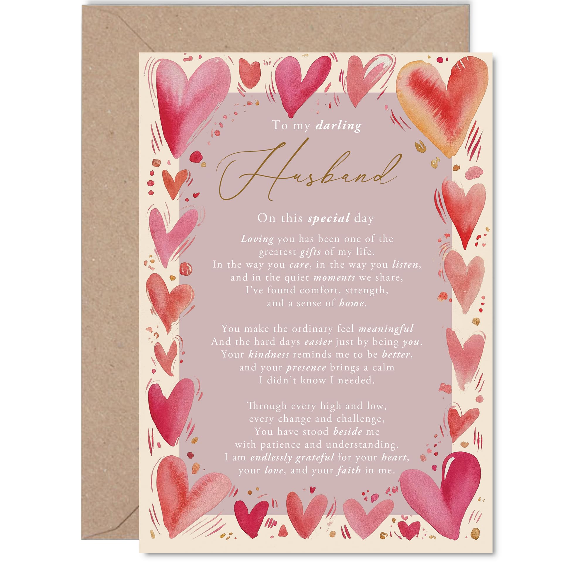 Romantic Anniversary Card for Husband - Hearts Galore for Your One and Only - Artistic Pink and Red Heart Design, Valentine's Day - 5x7 Inch, Envelope Included