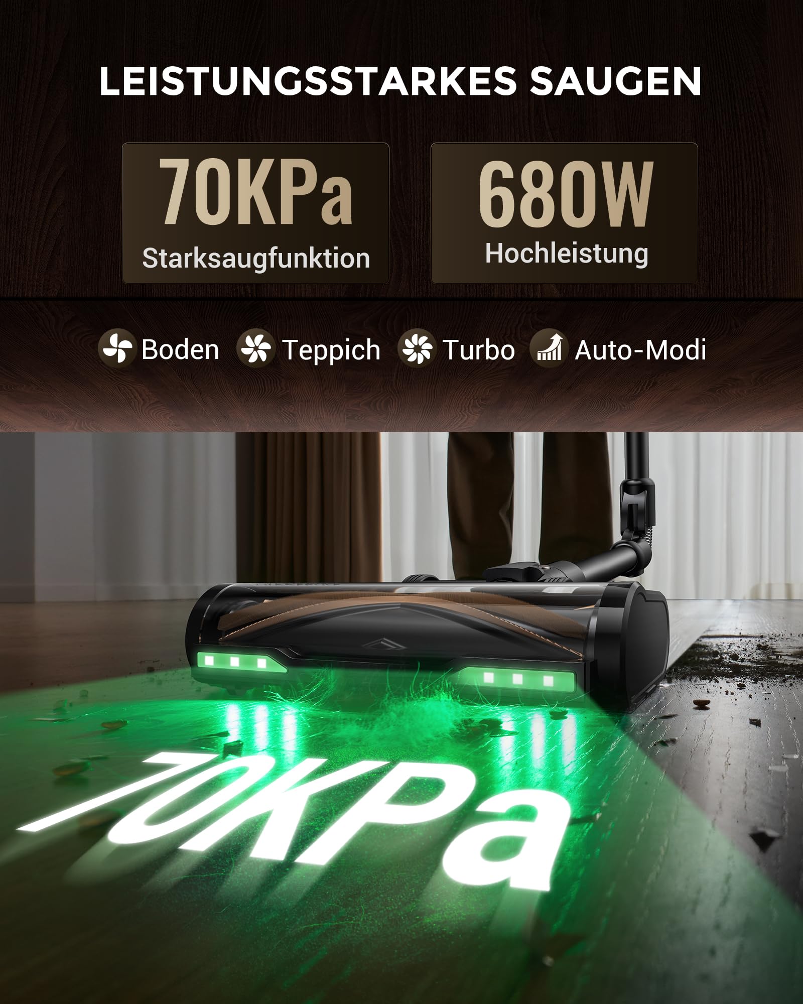 Proscenic P20+ Staubsauger mit Wischfunktion, 70 KPa 70 Mins 680W Akku Staubsauger Kabellos mit Selbststehend Wandladestation Anti-Tangle 6 Schichten Filter 1,5L, für Teppiche Haustierhaare
