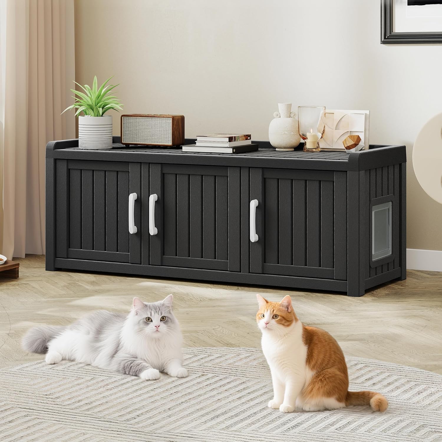 KAMABOKO Hidden Cat Litter Box Enclosure Furniture with 3 Doors & Multiple Windows, Waterproof PP Modern Litter Box Cabinet for Large Cats, Easy-to-Clean Cat Furniture for Living Room