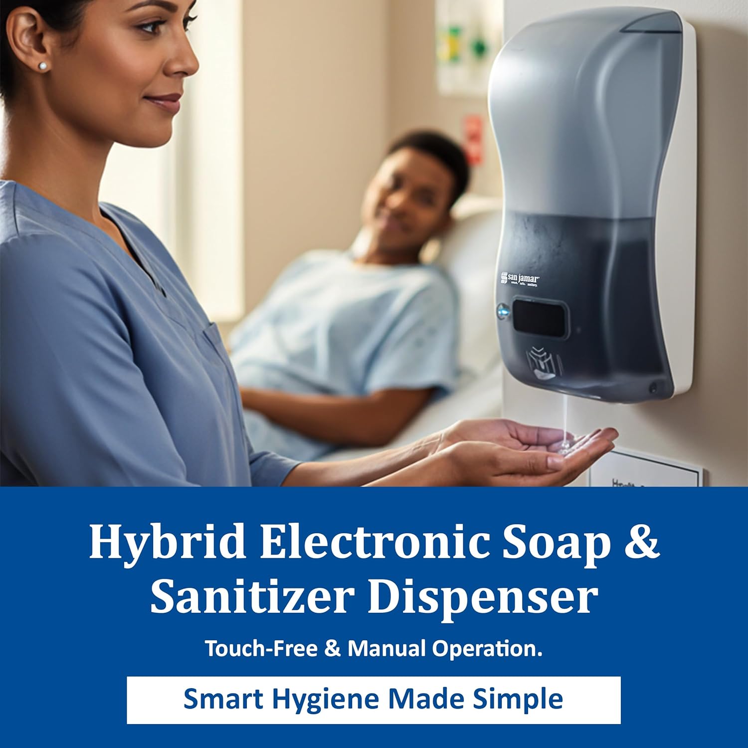 San Jamar Classic Rely Hybrid Electronic Liquid and Lotion Soap Dispenser Hand Sanitizer Dispenser for Bathroom, Kitchen, Restrooms, and Restaurants, Plastic, 900 Ml, Arctic Blue