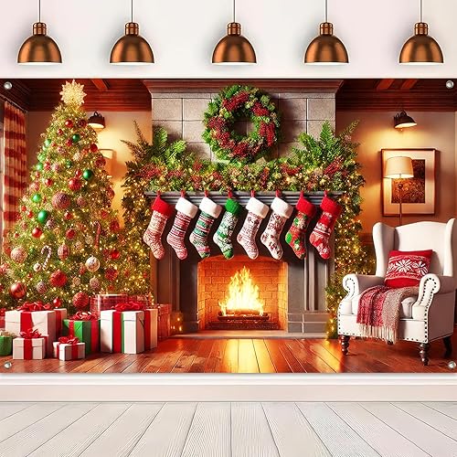 Miniatura 5 de Telón de fondo de chimenea de Navidad, escena festiva de mantel con medias de Papá Noel, regalos de árbol, acogedora sala de estar, cabina de fotos