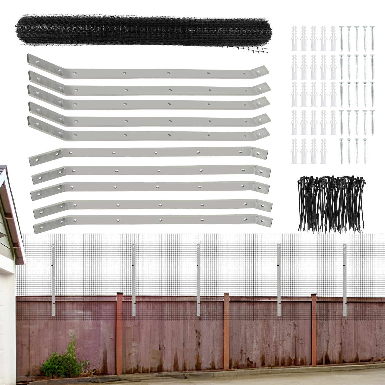 Cat Proofing Fence, Catio Cats Outdoor Enclosure Kit, Cat Proofing Fence Brackets 55cm Long, 3mm Thick, 20m x 65cm Weatherproof Garden Mesh Fencing (10PCS Brackets+20M Mesh)