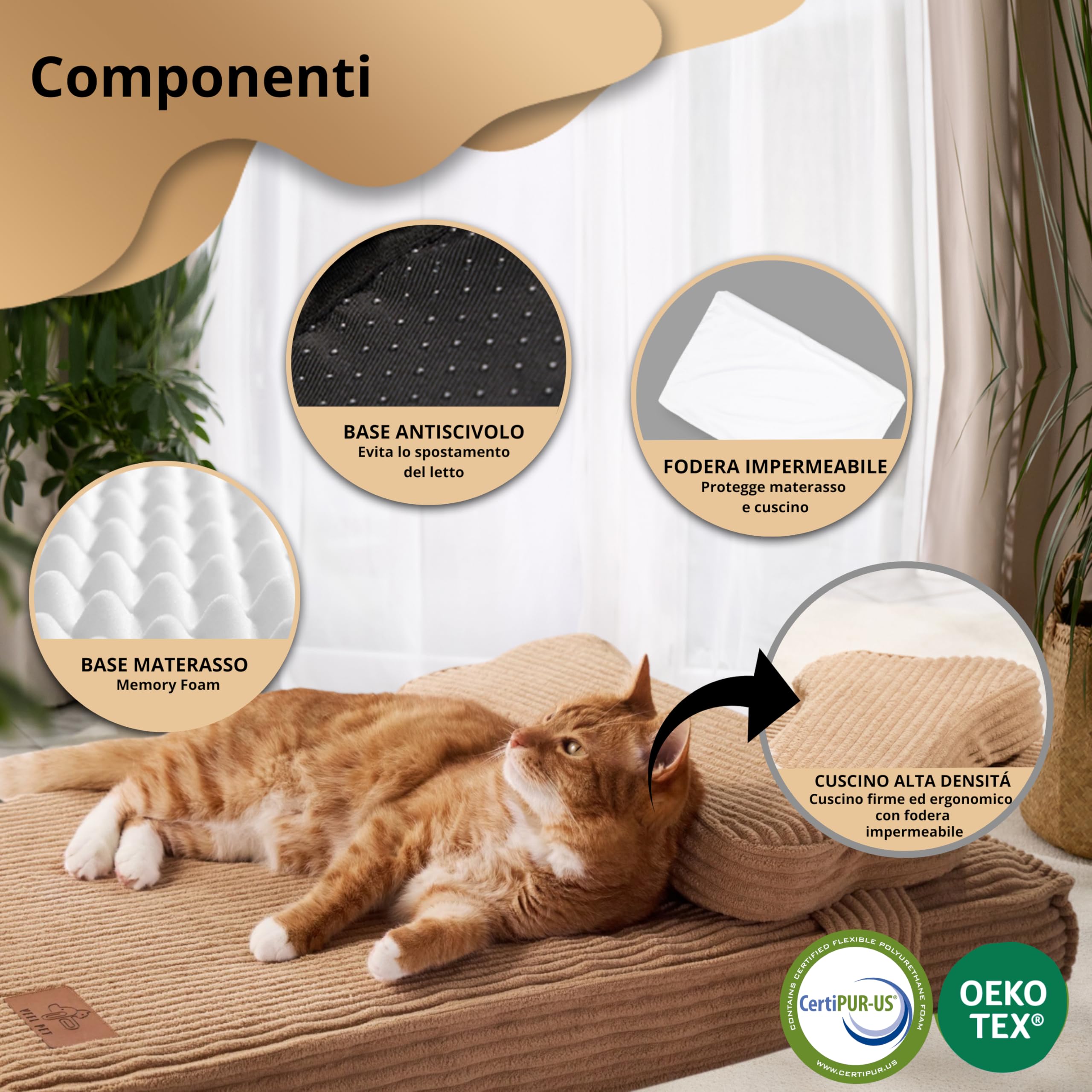 Cuccia Gatto Ortopedica con Cuscino Sfoderabile e Lavabile – Materasso Alta Densità Impermeabile, Base Antiscivolo, Letto Comfort per Gatti Adulti e Anziani, Design Premium (SMALL)