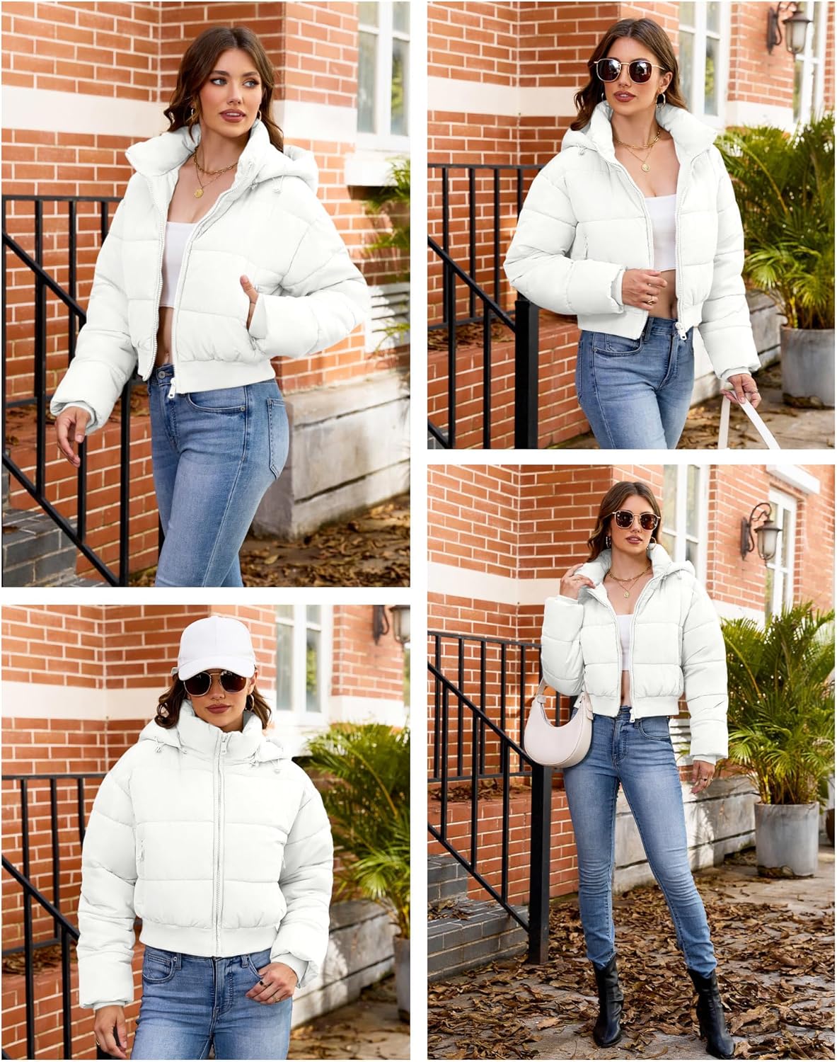 WHN Women's Cropped Puffer Jacket Warm Quilted Short Coat with Detachable Hood Zippered Pockets - Image 5