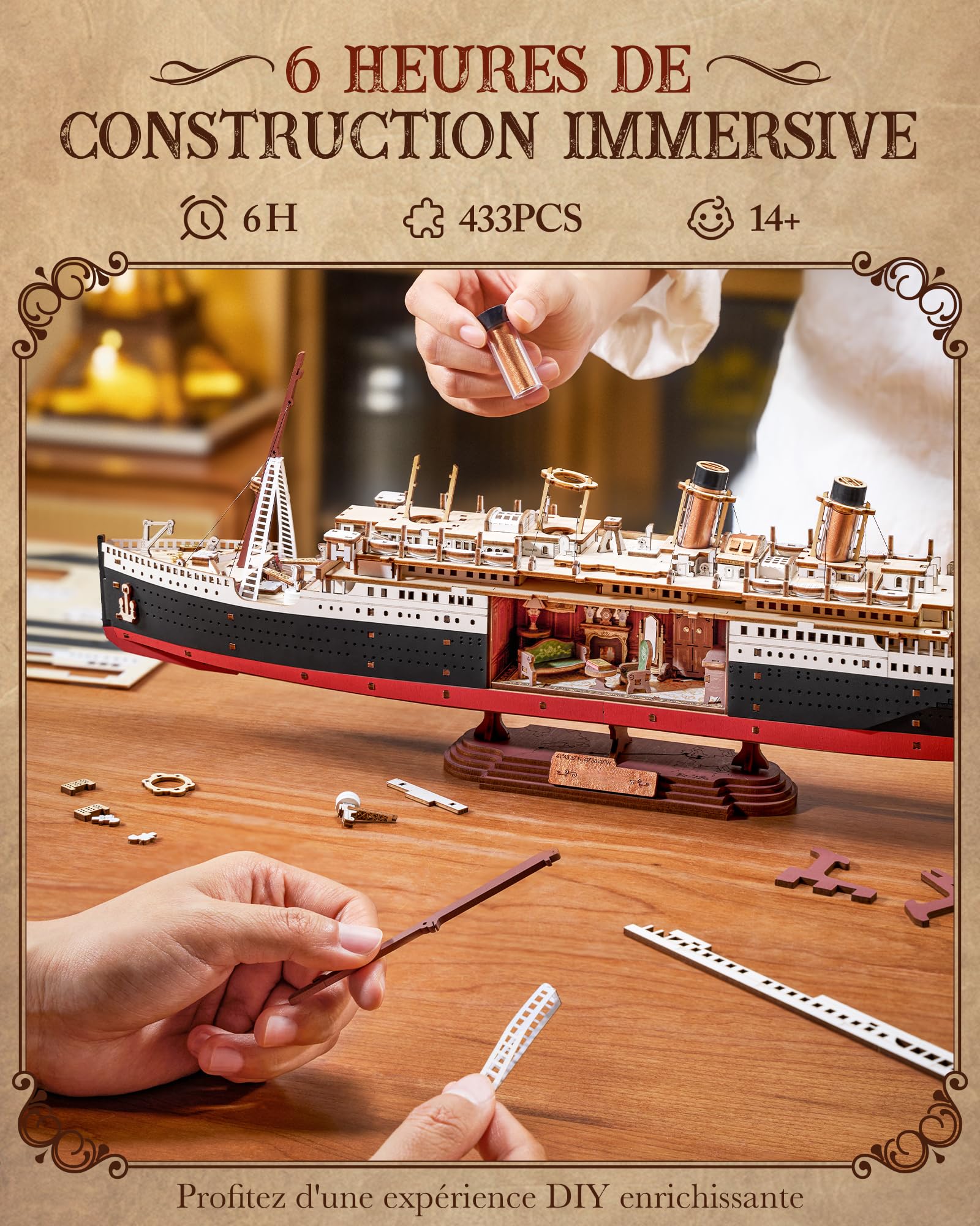 ROBOTIME Puzzle 3D en bois 1912 Eternal Atlantic Voyager, kits de modèles pour adultes à construire, cadeaux d'artisanat de décoration de maison pour adultes et adolescents