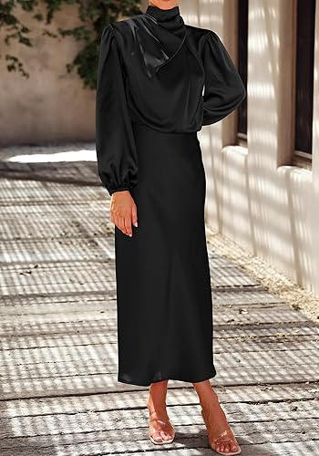 Miniatura 5 de BTFBM Vestido de satén con cuello alto falso para mujer, para primavera y verano, manga larga, ligero, formal, para boda, fiesta, maxi vestidos de