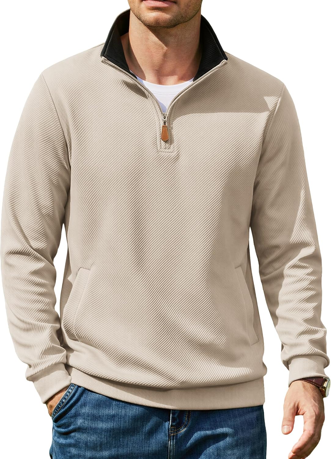 COOFANDY Mens Quarter Zip Pullover Sweatshirts Casual Mock Neck Sweater | Colorblocked Collar, Long Sleeve Warm Pullover, Quilted Twill Textured, Fall Winter Fashion 2026, Loose Fit, Two Side Pockets