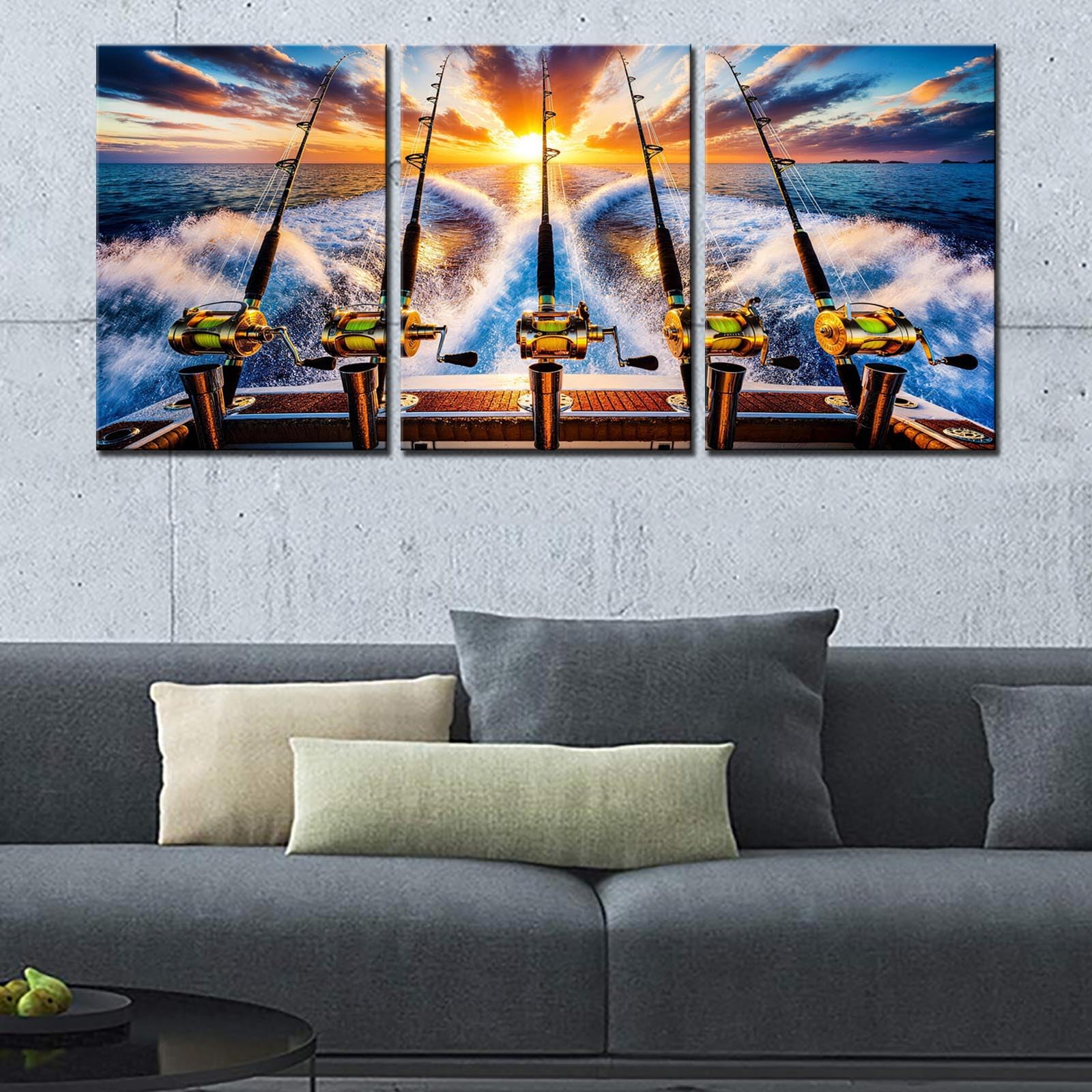 Canvas Wall Art Row of Five Fishing Rod and Reel Pictures Blue Seascape Paintings for Living Room Giclee Fishing Tackle Artwork HD Prints Modern Home Decor Framed Stretched Ready to Hang(60''Wx28''H)