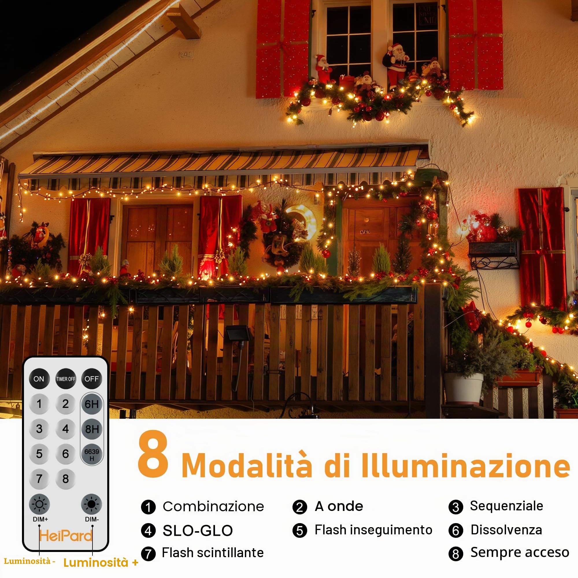 HeiPard Luci Albero di Natale, 60M 600 LED Luci Natalizie da Esterno ed Interno con 8 Modalità, Funzione Memoria, Telecomando, Timer, Dimmerabile per Giardino, Balcone, Casa, Festa - Bianco caldo