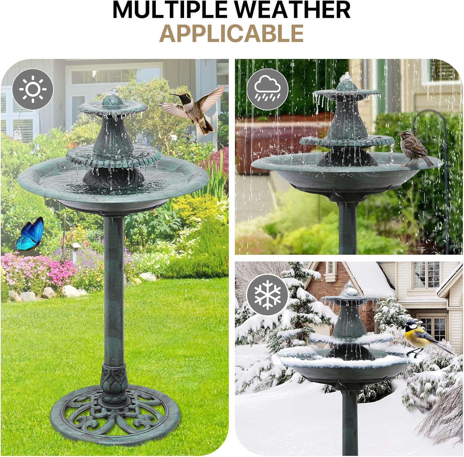 Athena Collection 37'' Height Bird Bath Vintage Pedestal Birdbath Electric Water Fountain with Recirculating Pump Polypropylene Floral Accents 3 Tier Birdbath for Outside, Patio, Garden, Green