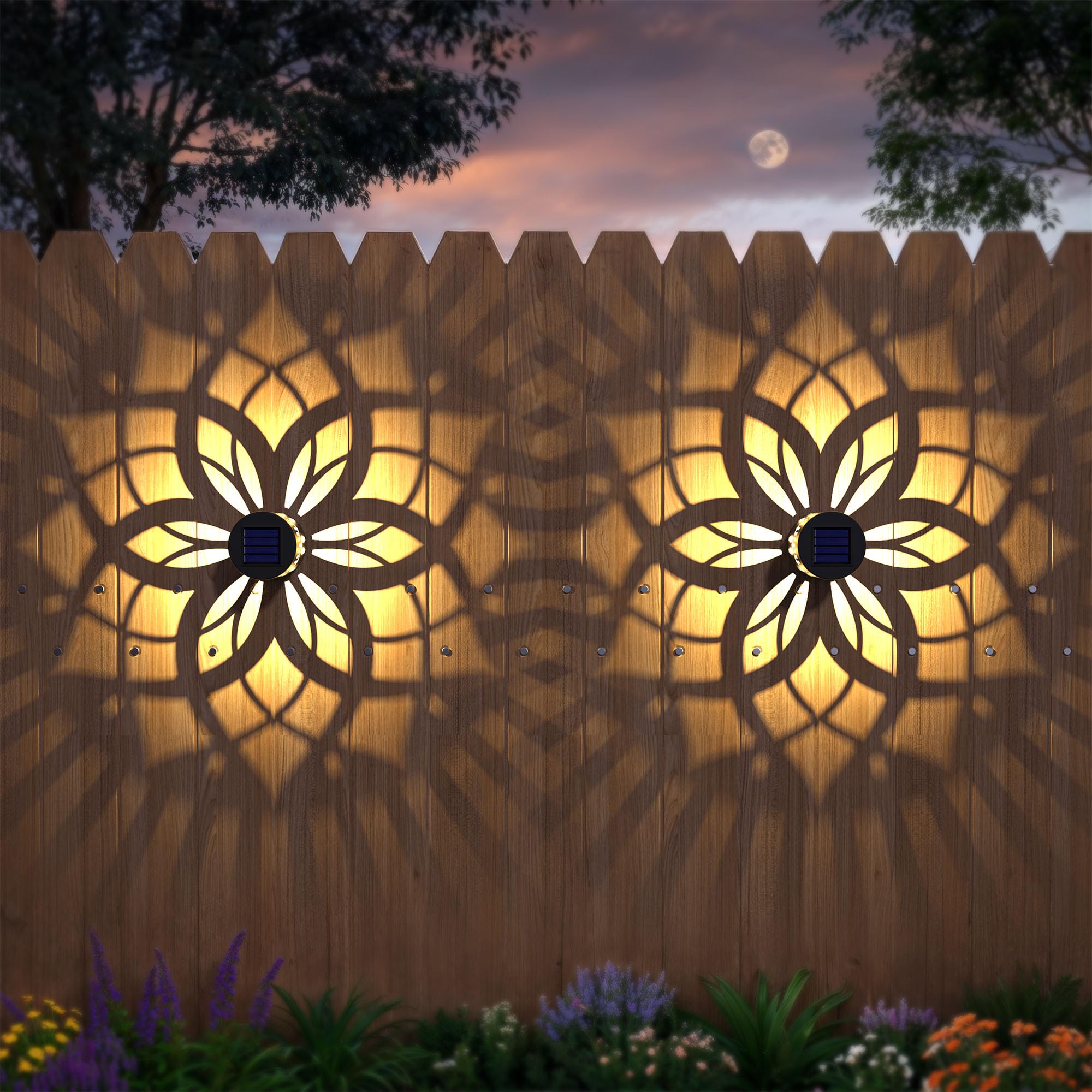 Photo 1 of 2 Pack Solar Fence Lights Metal Solar Powered Outdoor Wall Deck Step Lights Mandala Theme Waterproof Fence Light for Garden Post Patio Backyard Yard Decor, Gardening Gifts for Women Mom Grandma