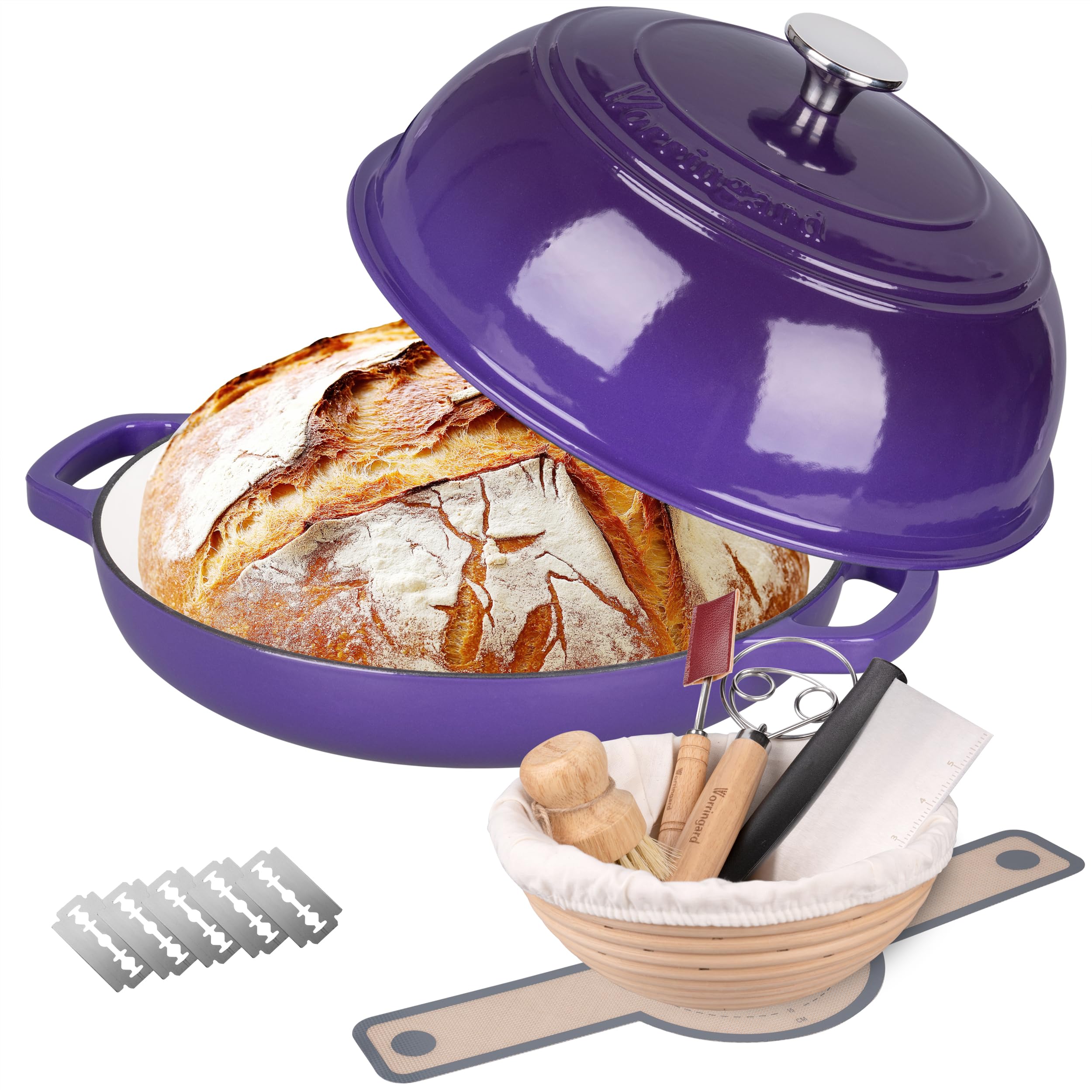 VORRINGARD Olla holandesa de hierro fundido con tapa para hornear pan, incluye suministros para hornear pan de masa madre como cesta de prueba de pan Banneton, horno de pan de 6 cuartos de galón,