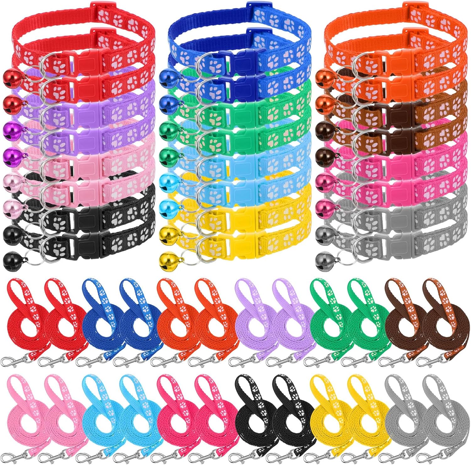 48 Pcs Dog Collar and Leash Set, Adjustable Puppy Collar and Leash with Quick Release Buckle, Paws Pattern, for Small Medium Dogs Walking Training