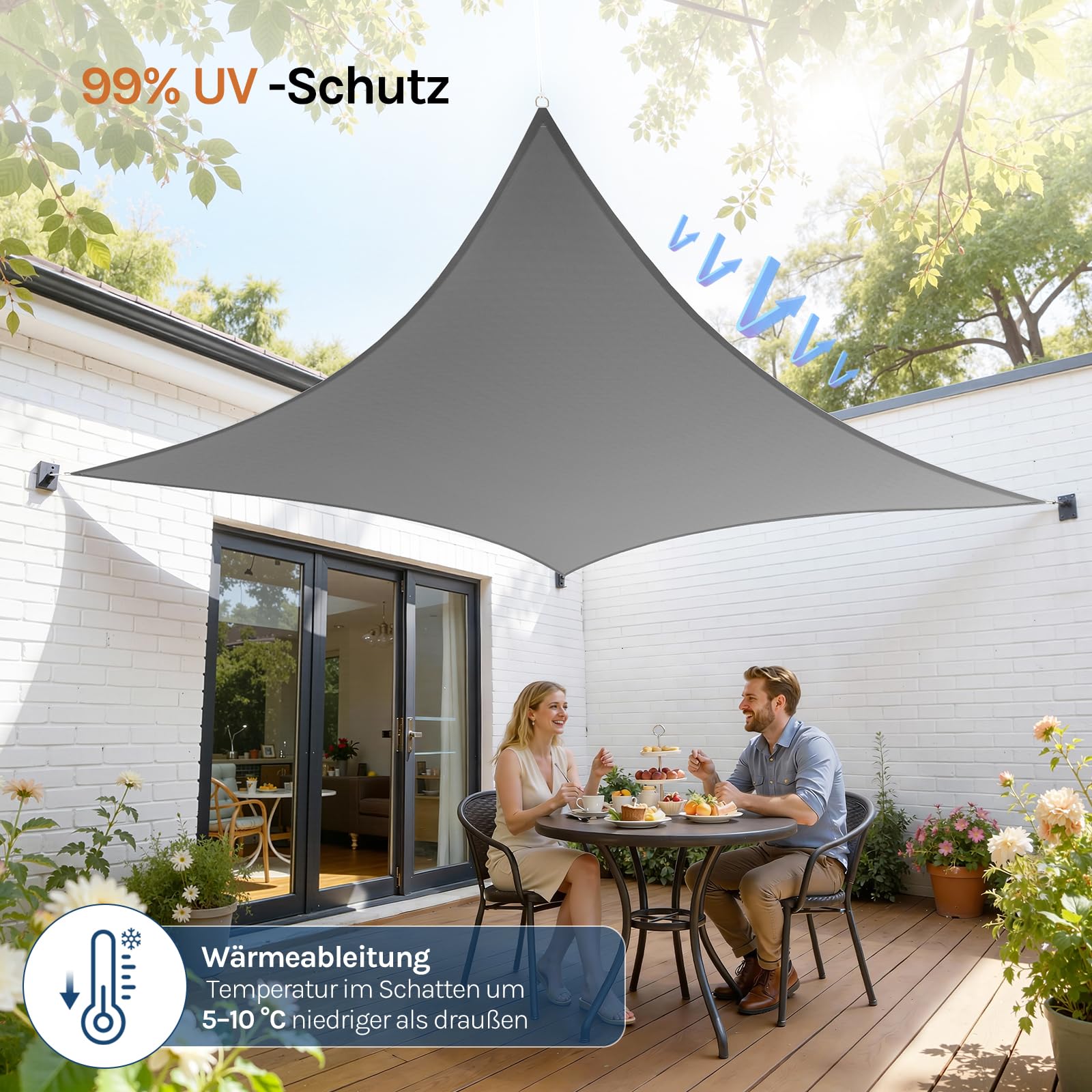 WOLTU Sonnensegel Quadrat 2x2m Grau wasserabweisend Sonnenschutz Polyester Windschutz mit UV Schutz für Garten Terrasse Camping