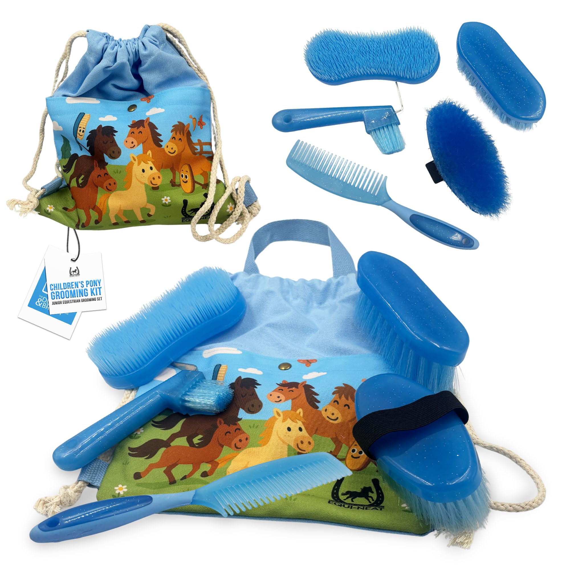 Children's Horse Grooming Kit with Bag - Pony Gift Set Includes Curry Comb, Hoof Pick, Brushes and Comb - Available in Blue or Pink - Ideal Kids Grooming Kit Horse Present Gift - Blue