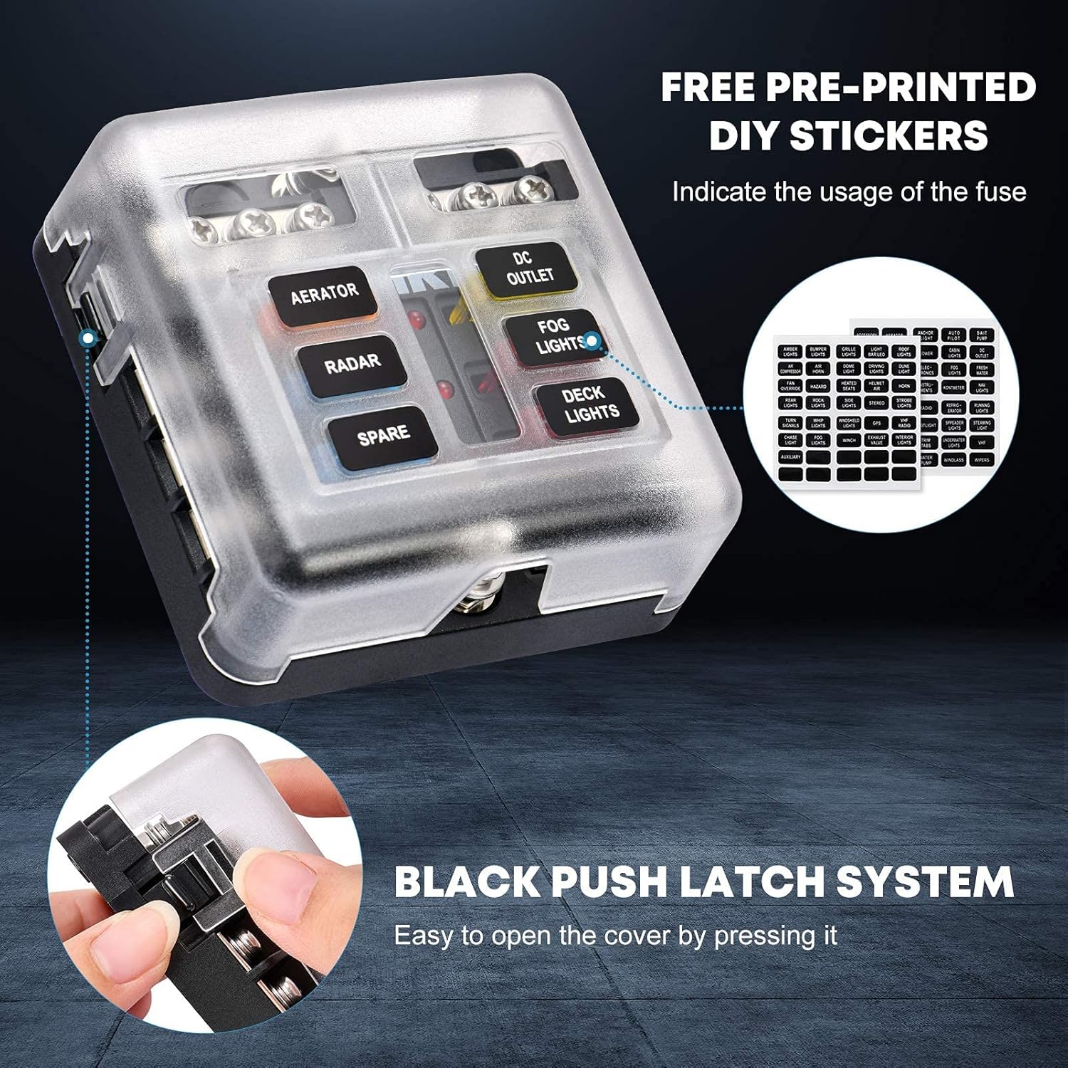 Bundle: Kohree 6 Gang 12V Waterproof Marine Boat Rocker Switch Panel & 6 Way 12V Fuse Box 12 Volt Fuse Block with LED Indicator.