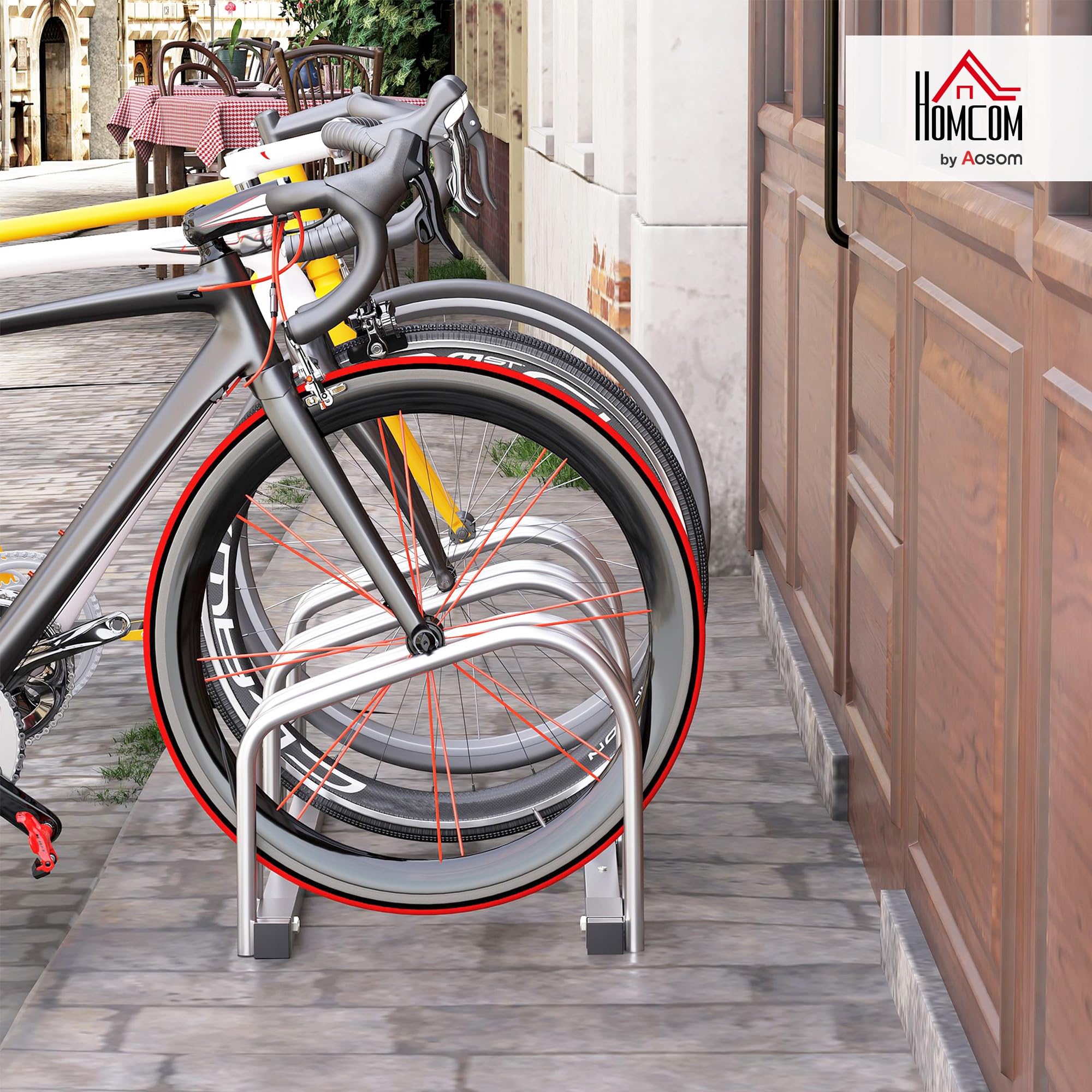 HOMCOM Rastrelliera Biciclette da Pavimento o Parete, Portabici da Terra per 3 Biciclette in Acciaio, Ruote Fino 55 mm, 70.5x33x27 cm, Argento