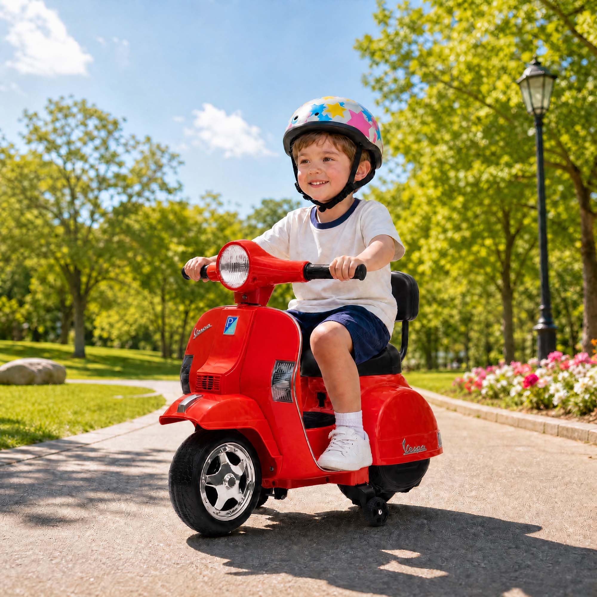 Licensed Vespa Kids Electric Scooter, 6V 4‑Wheel Toddler Ride on Motorcycle