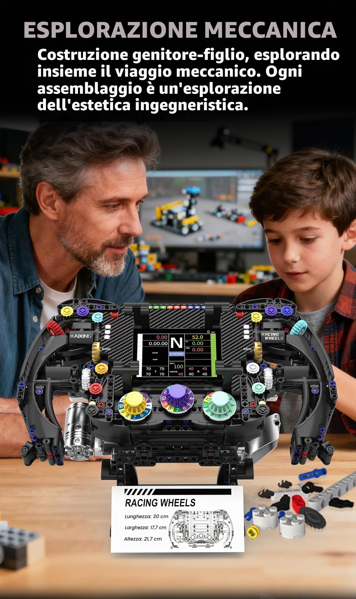 Racing Simulator Set di costruzione del volante, un giocattolo di ingegneria stelo con manopole funzioni, pannello di visualizzazione e paddle Shifters, adatto per bambini e collezionisti adulti. (A)