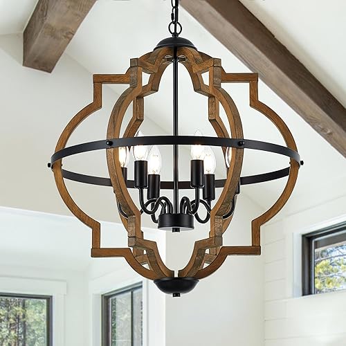 Miniatura 12 de lámpara colgante de madera de granja de 6 luces, candelabros rústicos vintage de 22.83' de madera blanca, lámparas colgantes industriales retro para
