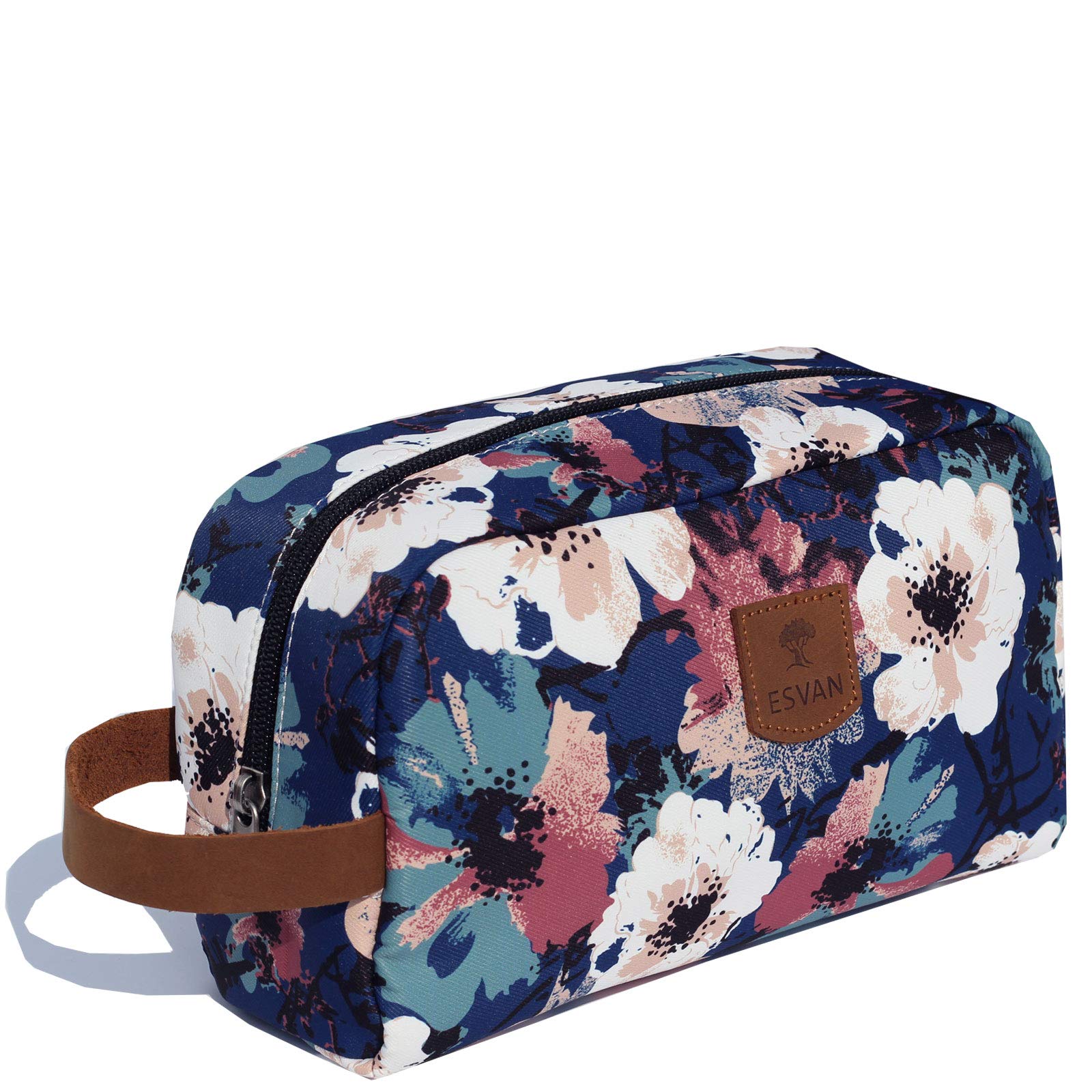 ESVANLarge Makeup Bag Water Resistant Purse Travel Toiletry Bag Organizer Pouch Cosmetic Bag with Zipper and Genuine Leather Handle (White Flower)