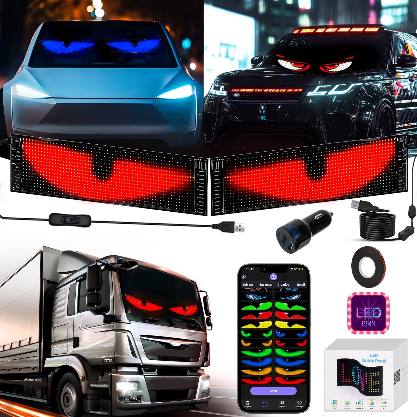 Led-ogen voor vrachtwagenauto, autoverlichting voor Blazexel Duivelogen led- display, flexibel oog, groot programmeerbaar DIY dynamische led bluetooth smart kleurrijke ooglamp soft screen