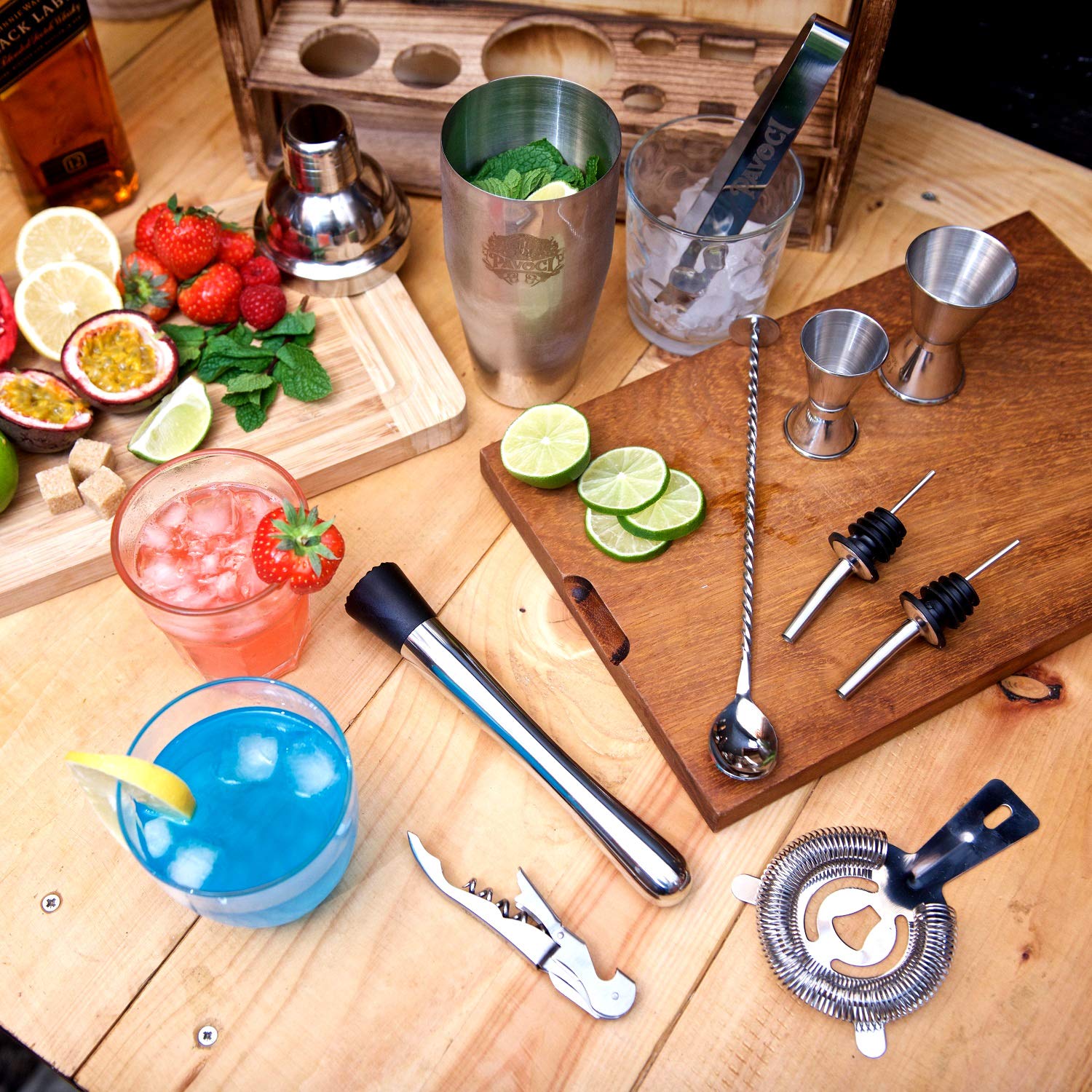 Juego de coctelería de 11 piezas, coctelera de barman de acero inoxidable de alta calidad con soporte de madera y accesorios, herramientas ideales para bar, cocina, uso profesional