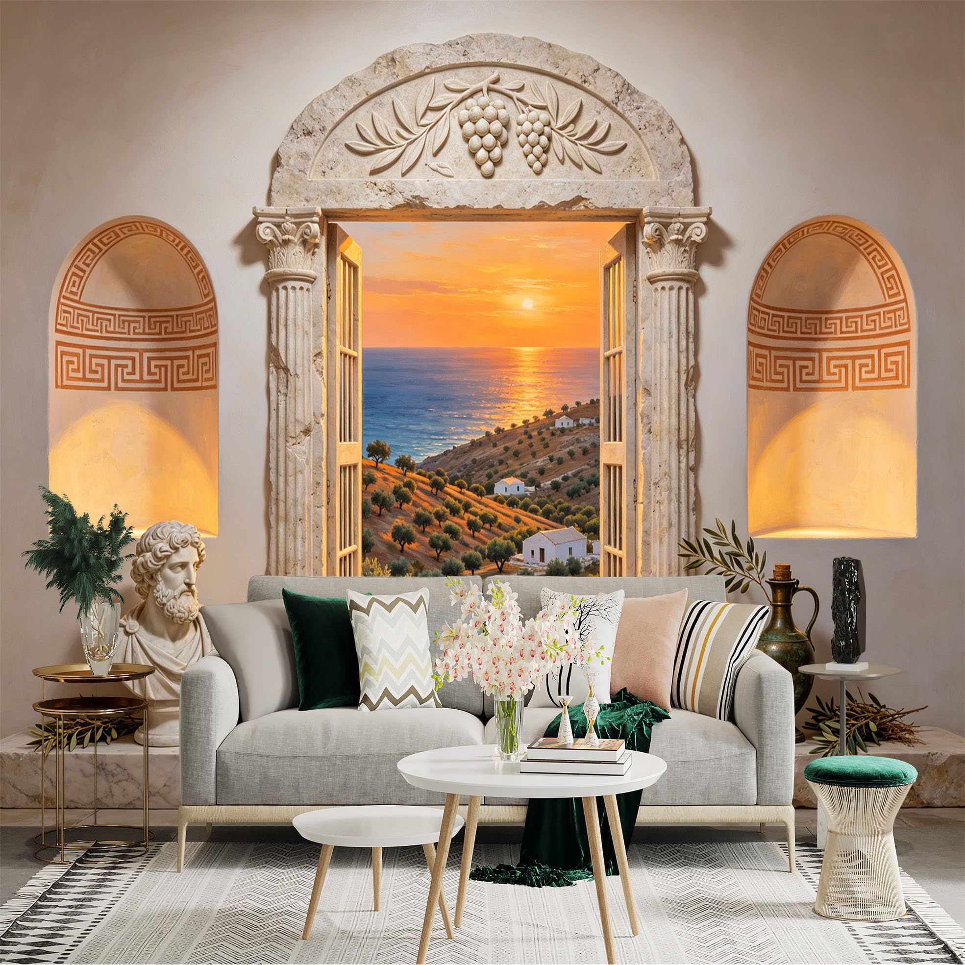 Custom Size Wall Sticker Mural， Mediterranean Sunset Coast， Ancient Stone Archway， Olive Grove Sea View， for wall Decoration， peelandstick wall Decals.