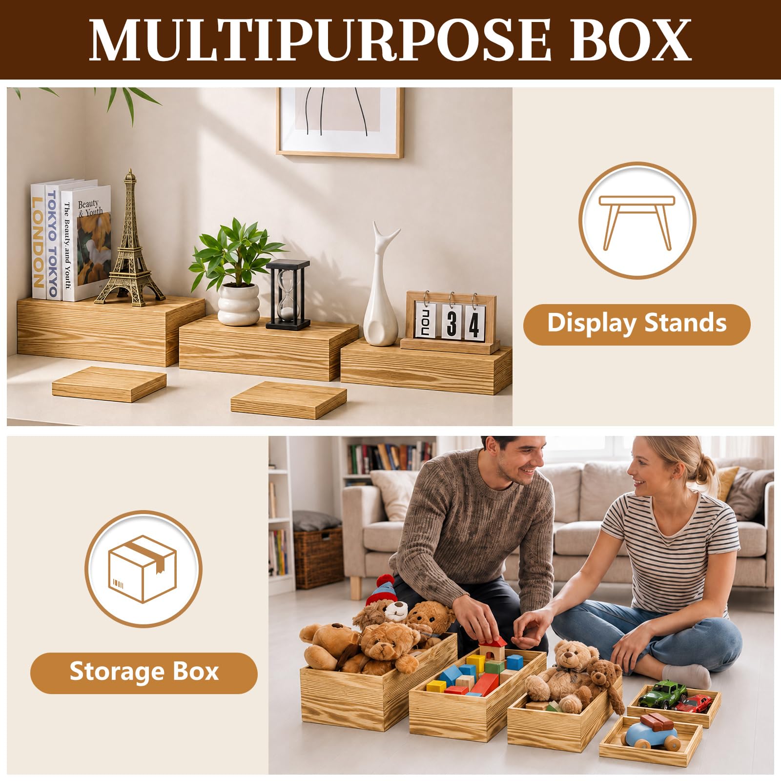 Leinuosen Juego de 5 elevadores de buffet extragrandes, caja de exhibición rectangular de madera, para catering, postre, mesa, soporte decorativo con fondo hueco para catering (madera clara)