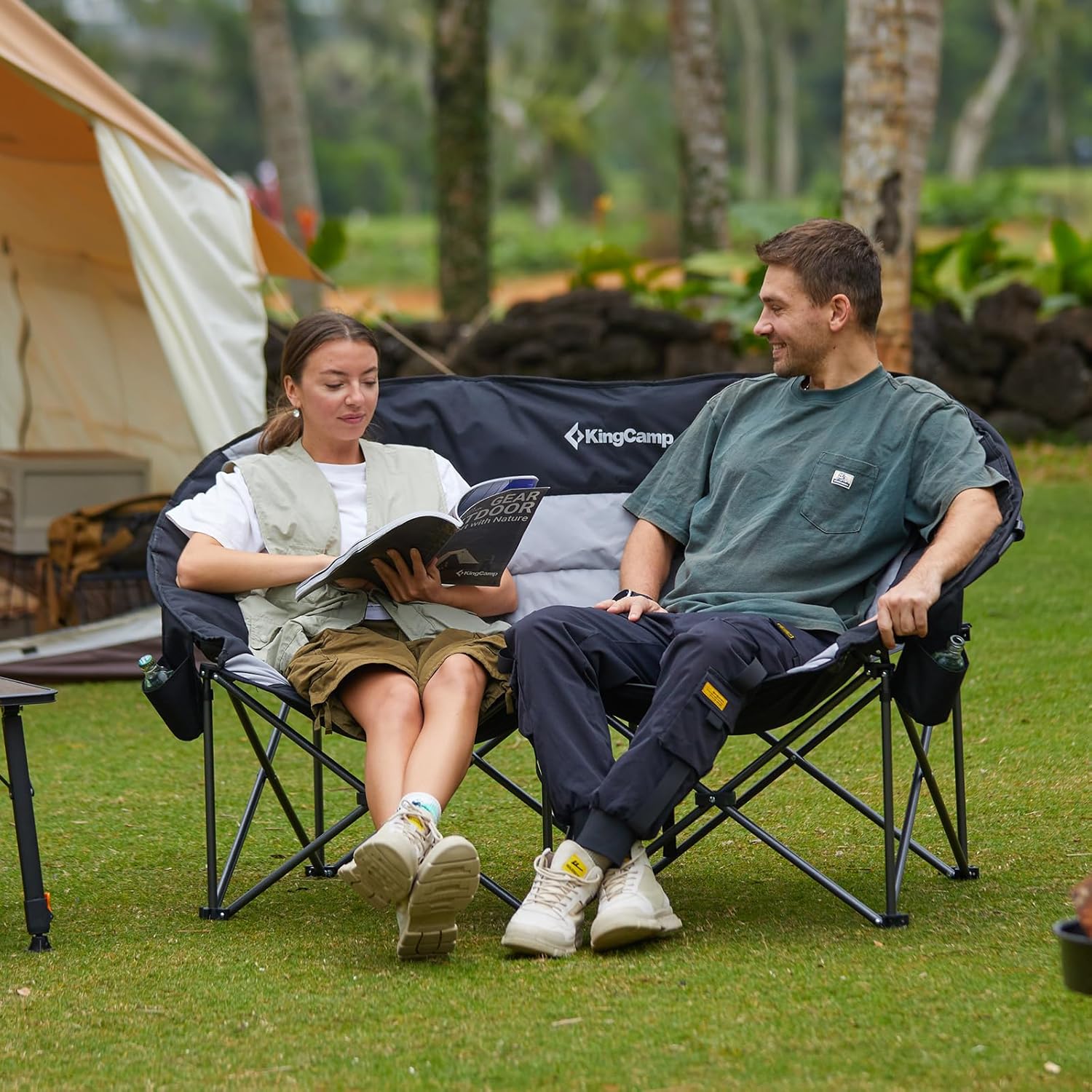 kingcamp double camping chair, oversized heavy duty loveseat for adults portable folding xl 2 person couch padded comfortable two seat with cup holder for outdoor lawn backyard xl 2 person moon black/grey moon loveseat xl