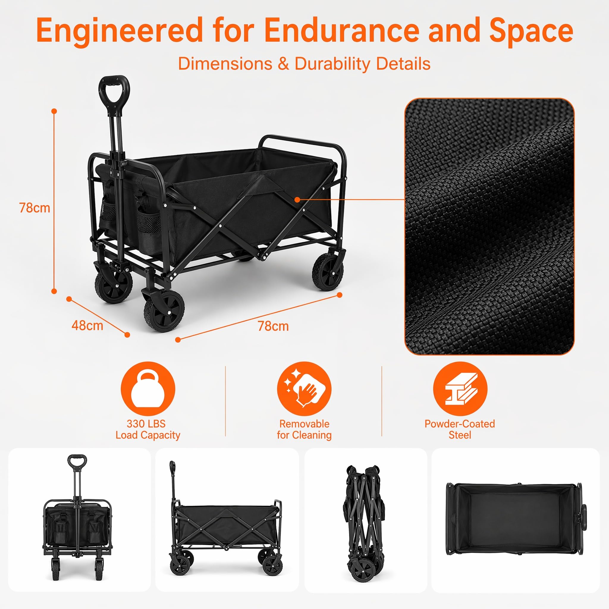 Carrello pieghevole da 80 l, rimovibile, portata fino a 150 kg
